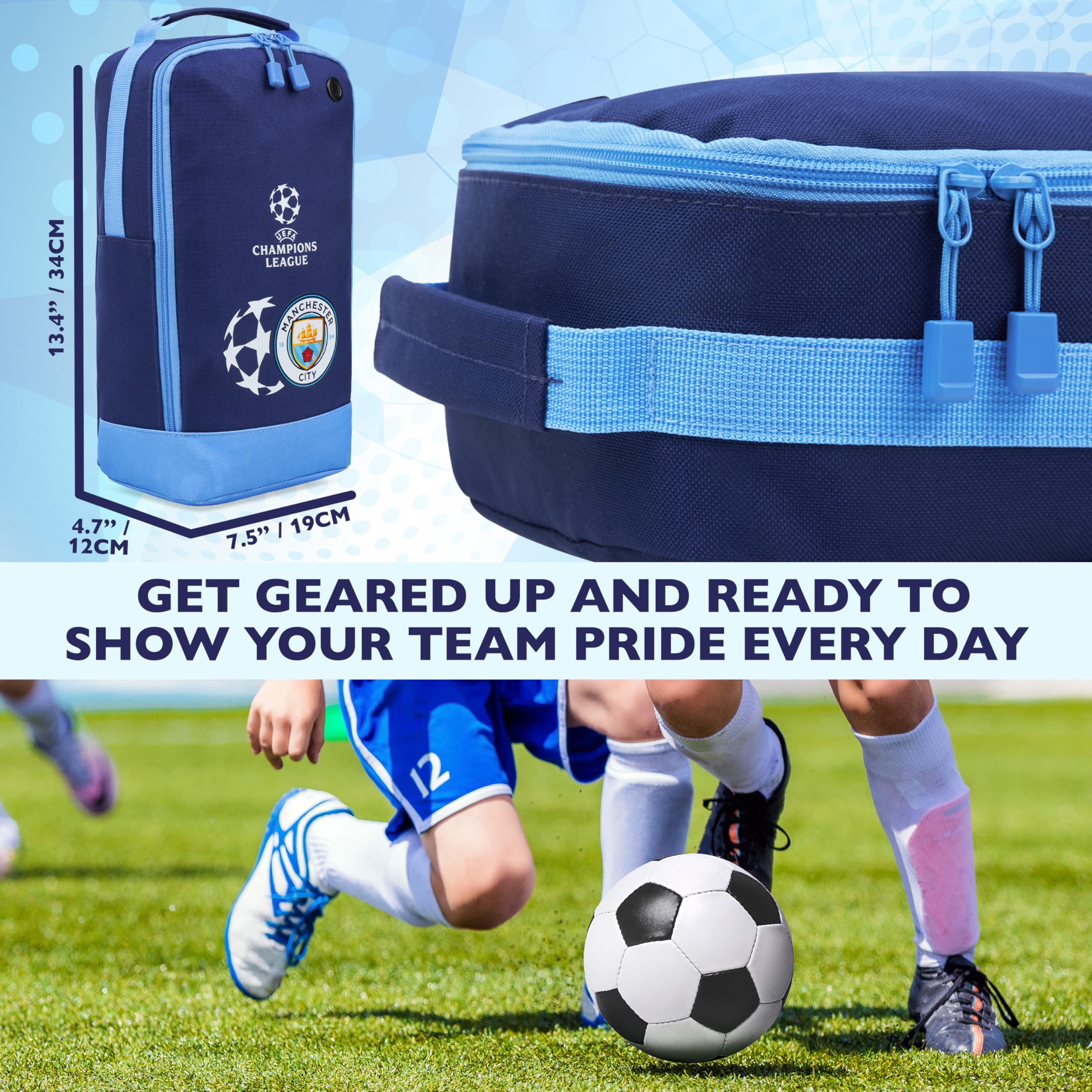 Manchester City F.C. - Borsa per scarpe da calcio, adulti, adolescenti, sport, ventilazione, per bambini, tifosi, viaggi, in PE, rugby, cricket, hockey, 19 x 34 x 12 cm