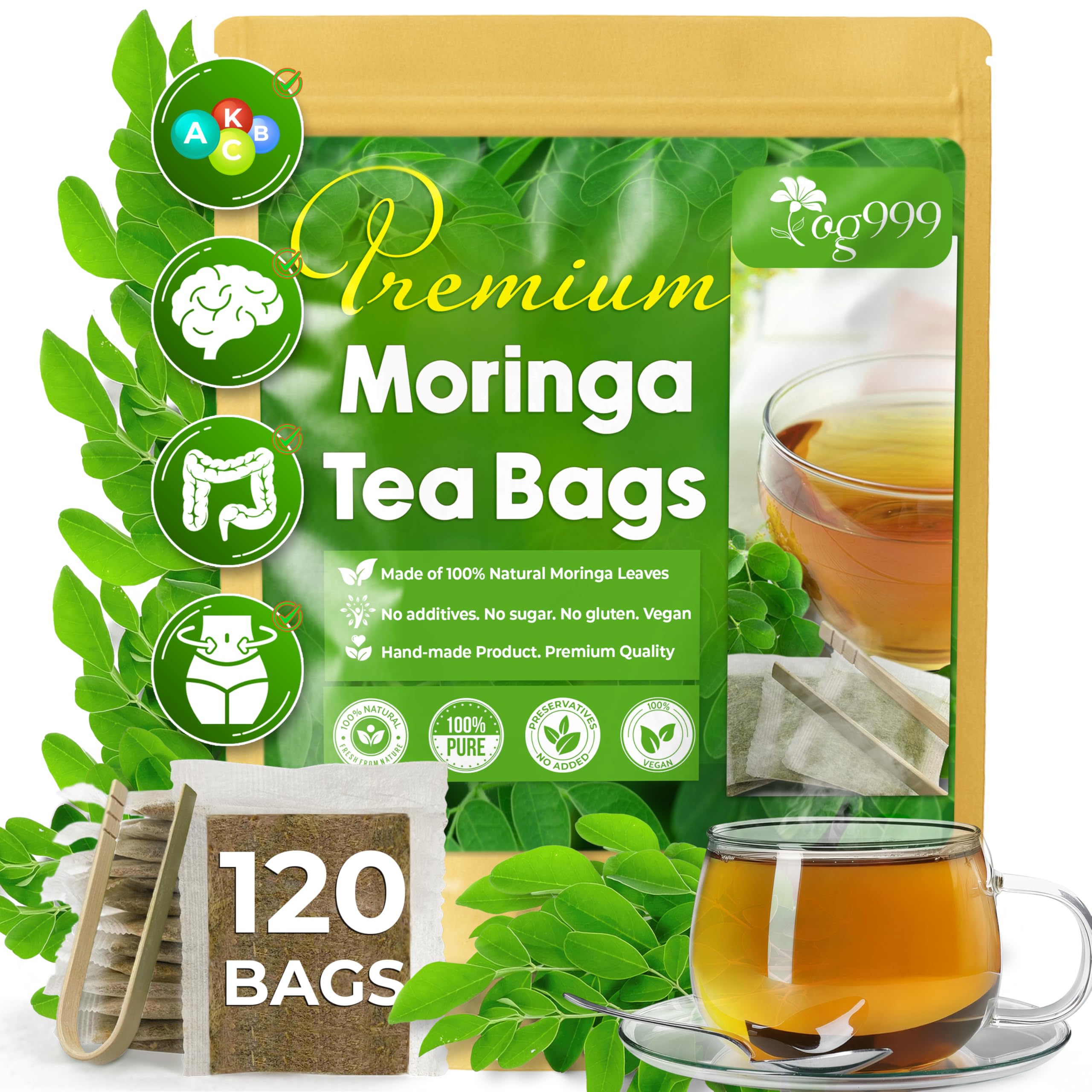 TOG999, Premium 120 Moringa Leaf Tea Bags, 100% Natural & Pure. Loose Leaf Moringa Herbal Tea. No Sugar, No Caffeine, No Gluten, Vegan.