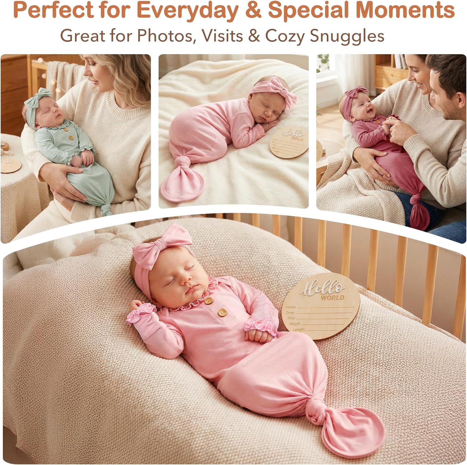 Newborn Knotted Gown for Baby Girls with Ruffle Neck & Sleeves, Infant Sleepers Gown with Bow Headband & Announcement Sign
