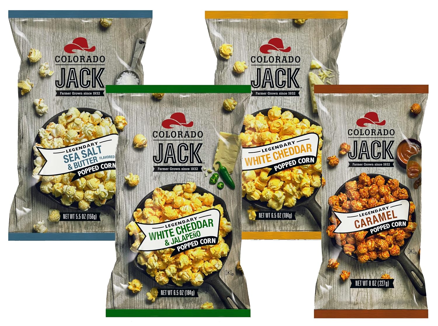 Colorado Jack Gourmet Flavored Popcorn - Colorado Jack Popped Corn in Legendary Flavors (Variety pack of 4 - White Cheddar, Jalapeno, Caramel, Sea Salt)