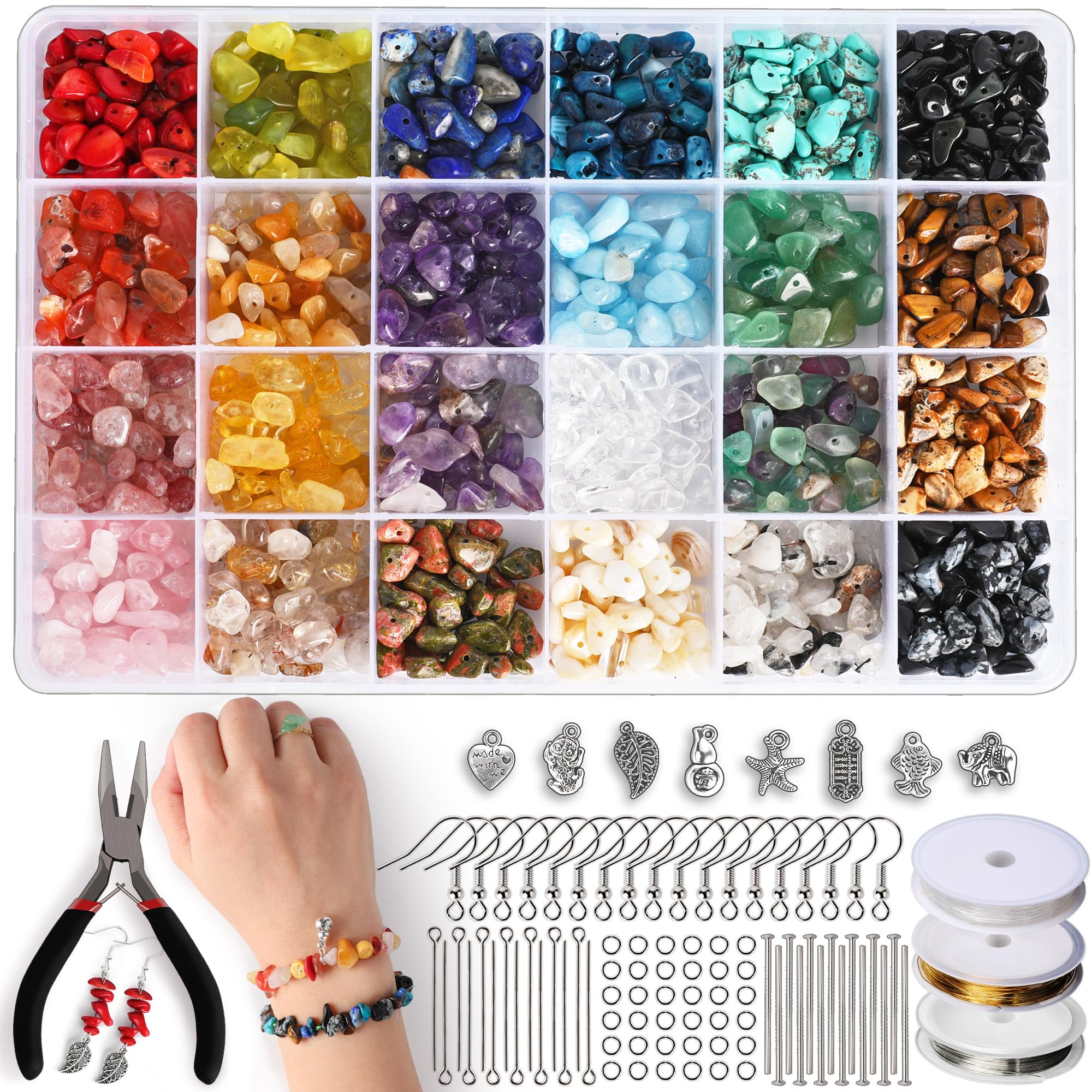 SOSMAR - Parure di gioielli in 24 colori naturali, con pietre preziose, 1550 pezzi, per fai da te, orecchini in argento, ciondoli, accessori per il fai da te, orecchini