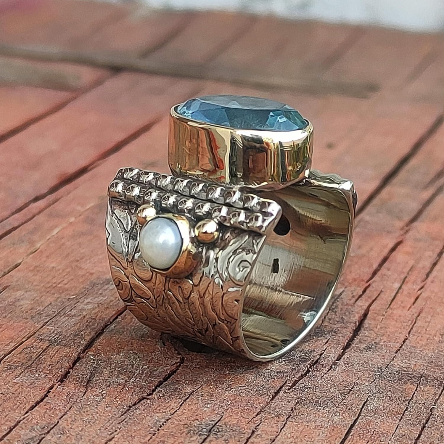 Aquamarine & Fresh Water Pearl Ring, Silver Field and Brass Ring, Handmade Textured Ring, Two Tone Ring, Wide Band, Wedding Ring, Gift For Her