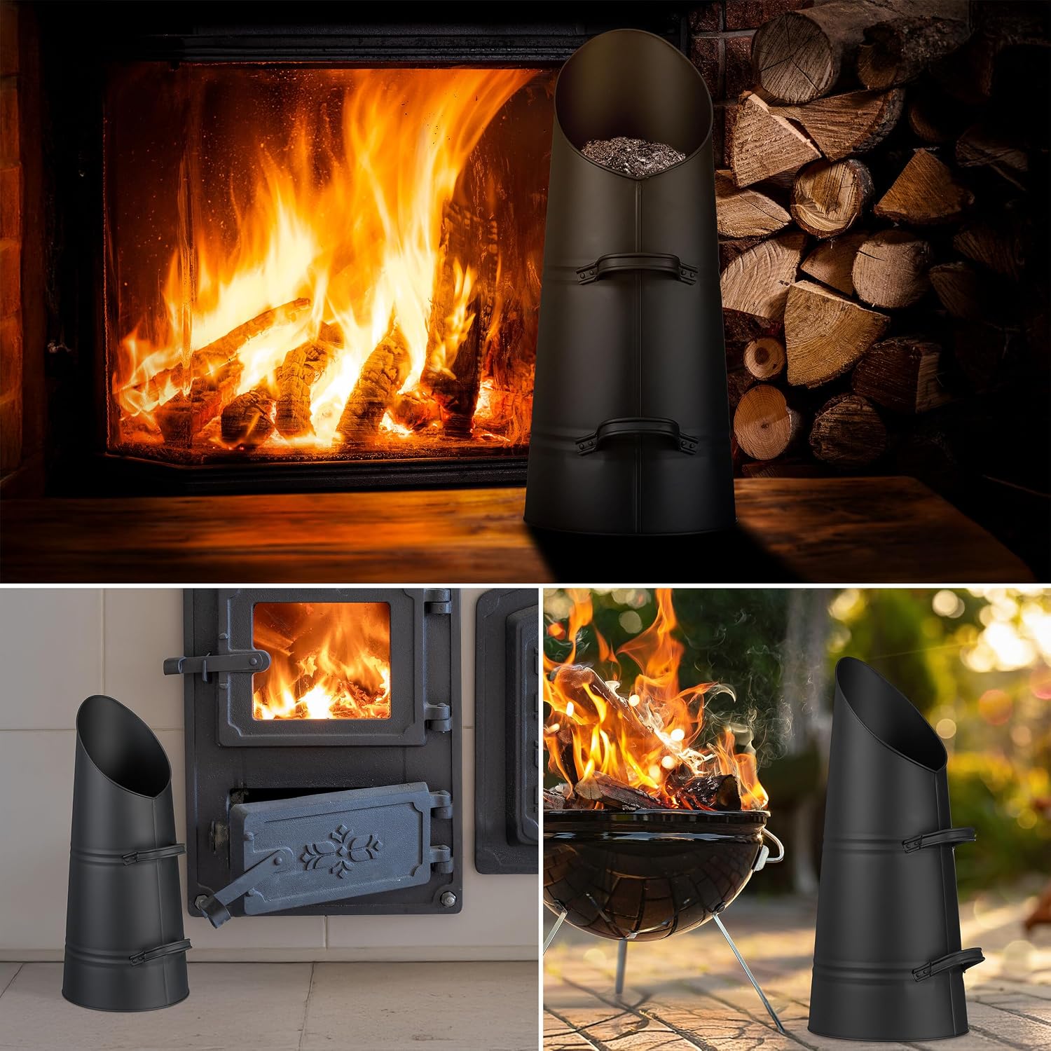 Relaxdays Coal Chipper 16 Litre Iron Charcoal Bucket with 2 Handles Pellet Chute for Refilling, Fireplace & Grill, Black