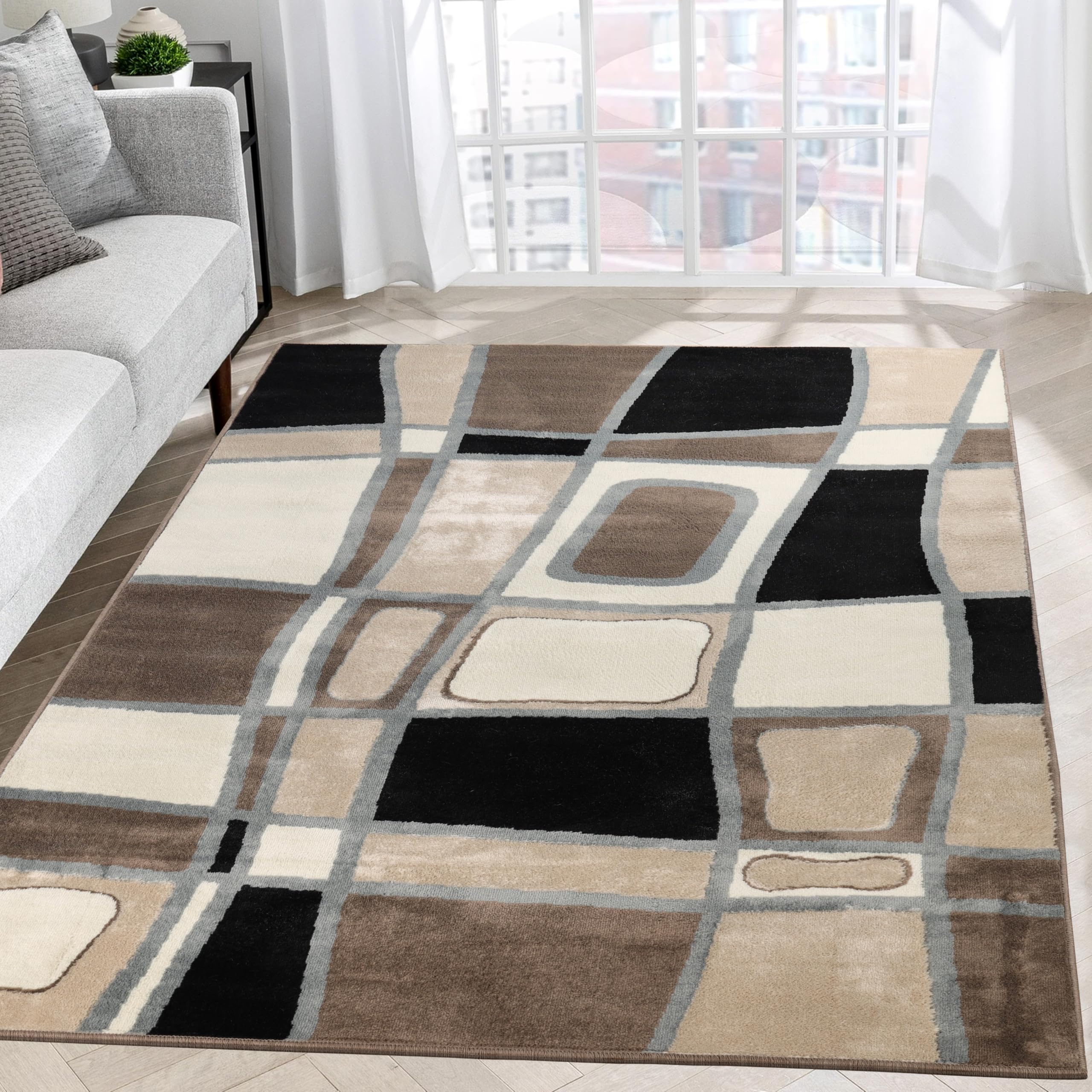 Superior Indoor Area Rug, Jute Backing, Modern Plush Rugs for Entryway, Living Room, Kitchen Floors, Bedroom, Hallway, Office Floor Cover, Abstract Rugs, Cobblestone Collection, 8' x 10', Brown Beige