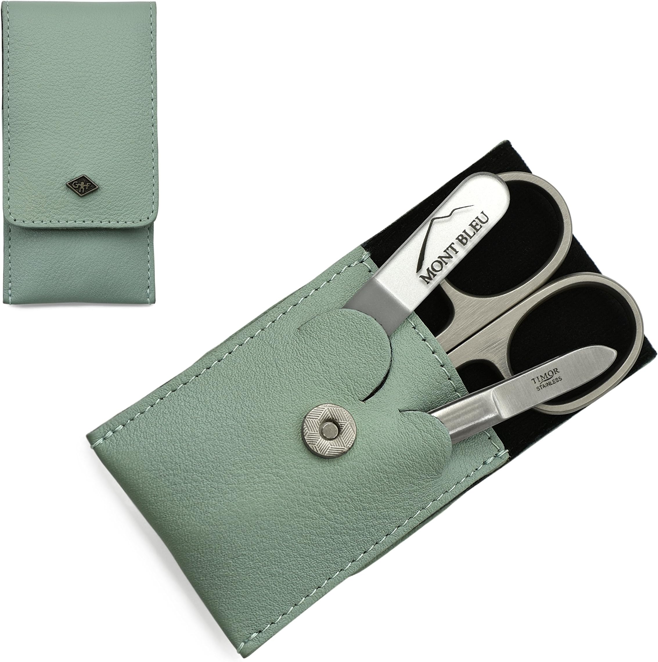 Giesen & Forsthoff's Timor 3-piece Manicure Set with crystal nail file, in Mint Green Leather Case - Premium Manicure Set