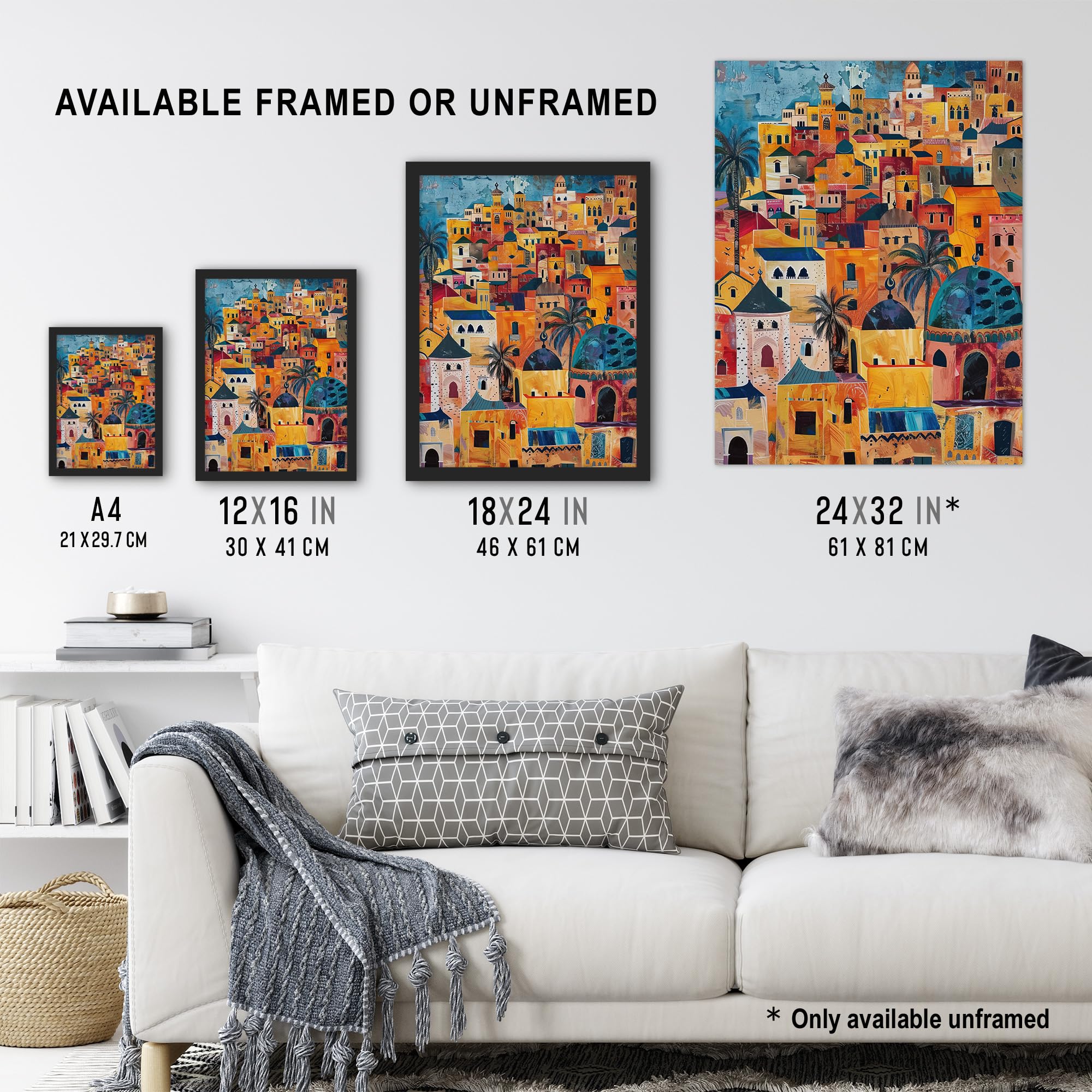 Artery8 Moroccan Cityscape Artwork Colourful Exotic Ochre Living Room Extra Large XL Wall Art Poster Print - Image 3