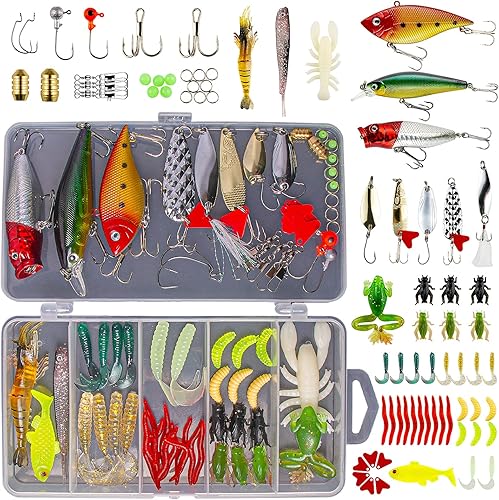 GOANDO Fishing Lures Kit for Freshwater Bait Tackle Kit for Bass Trout Salmon Fishing Accessories Tackle Box Including Spoon Lures Soft Plastic