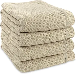 S&T INC. Bath Towels, Premium Waffle Towels for Bathroom, Extra Large, Absorbent Microfiber for Home, Yoga, and Gym, Honeycomb Weave, 30 Inches x 60 Inches, 4 Pack, Beige