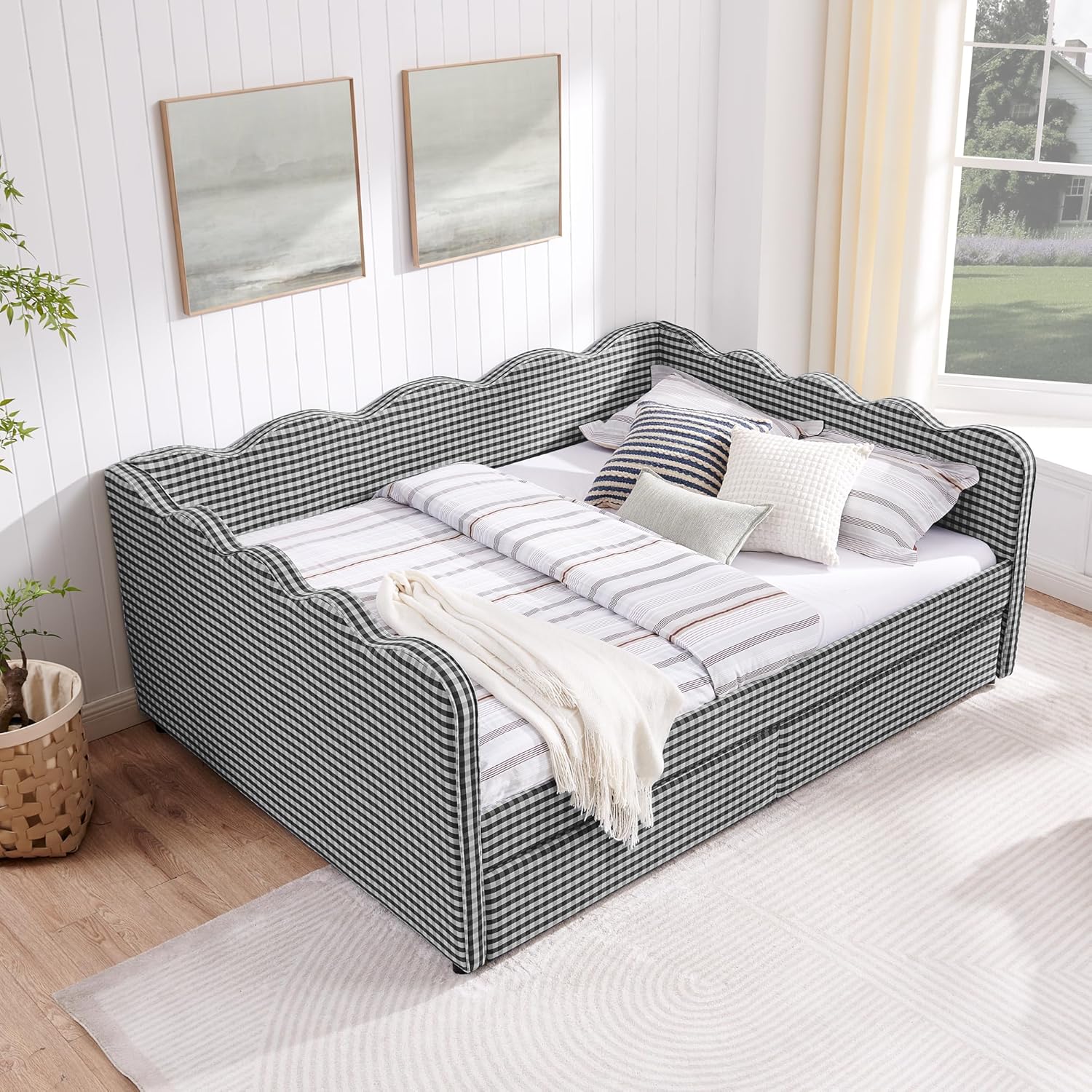 DEINPPA Queen Size Upholstered Daybed with 2 Storage Drawers, Gingham Daybed with USB Ports for Bedroom Living Room Guest Room-Black