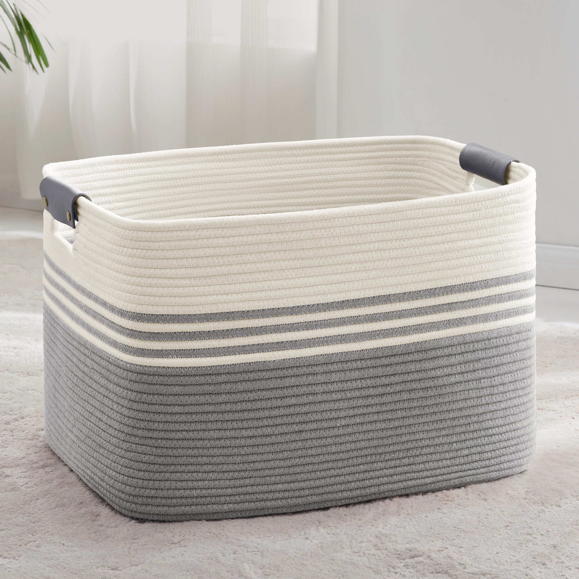 Cesto grande para ropa trenzado en cuerda de algodón, 86L, recipiente con asas de cuero, para mantas, ropa, juguetes, de lavandería para habitación infantil o salón, 60x40x36 cm, blanco y gris