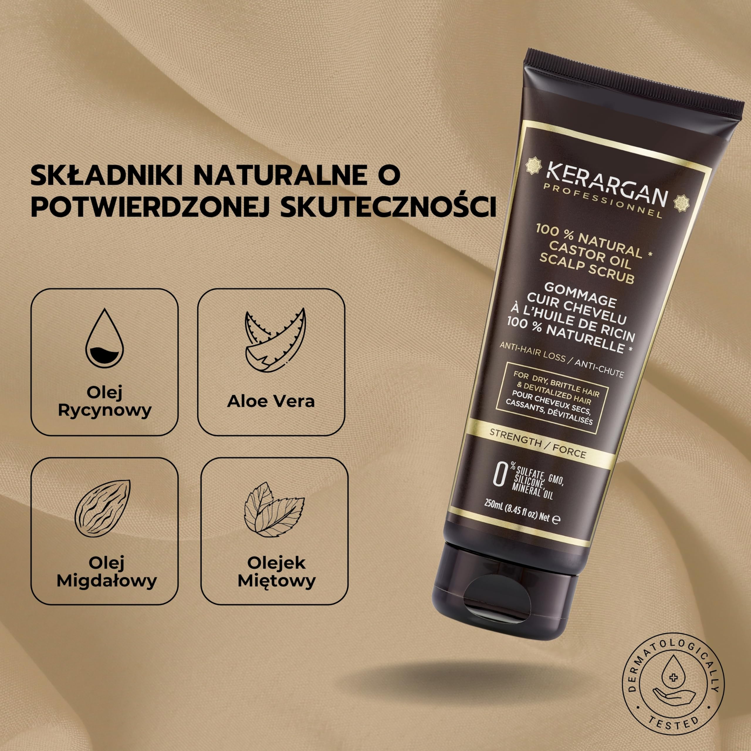 Kerargan - Peeling do Włosów Przeciw Wypadaniu z Olejem Rycynowym - Dla Zdrowej Skóry Głowy i Rewitalizowanych Włosów - Wzbogacony w Olej ze Słodkich Migdałów i Aloes - Bez Sulfatów, Silikonu - 250ml