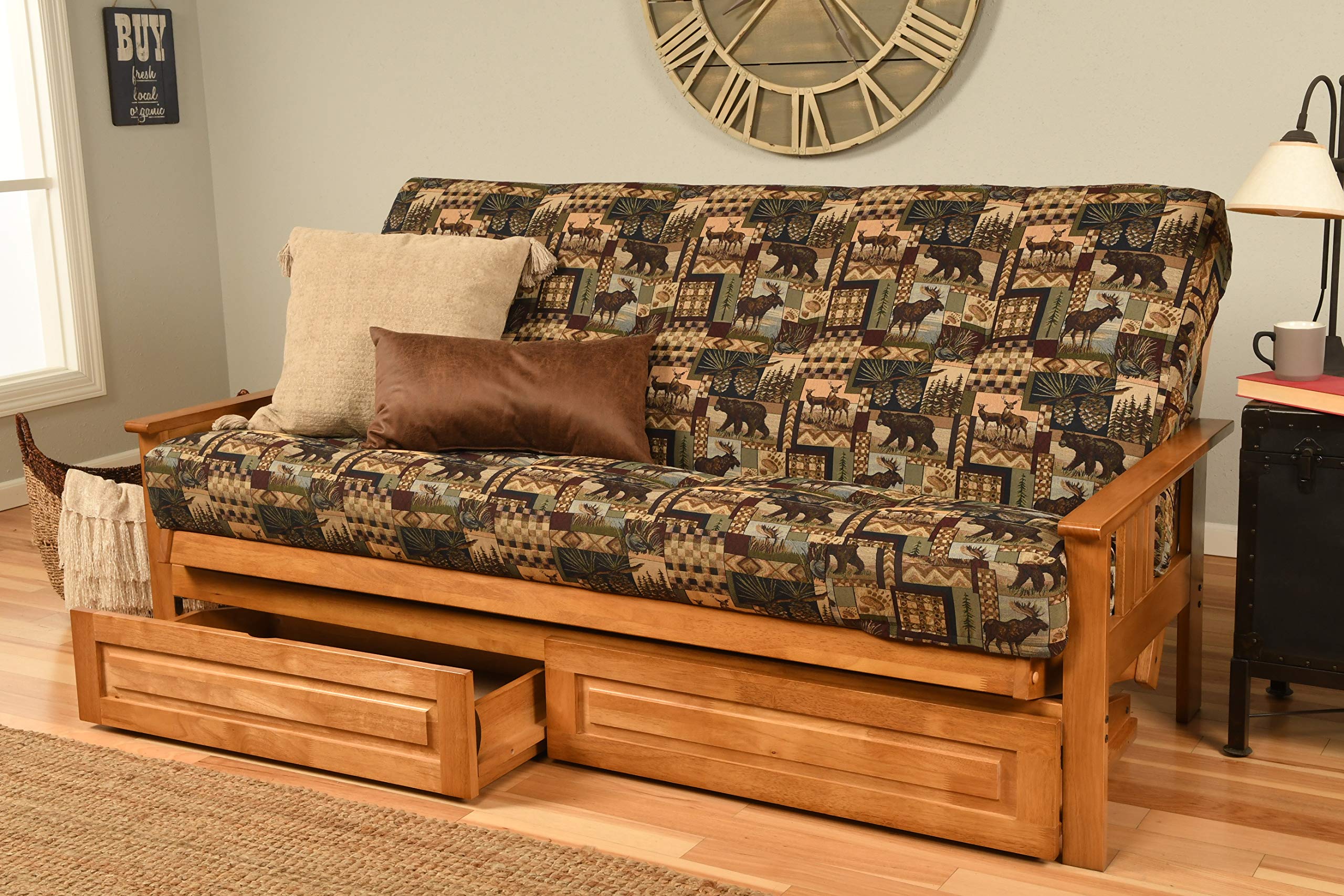 Kodiak Furniture Monterey Futon Set with Storage Drawers, with Butternut Base and Peter's Cabin Mattress