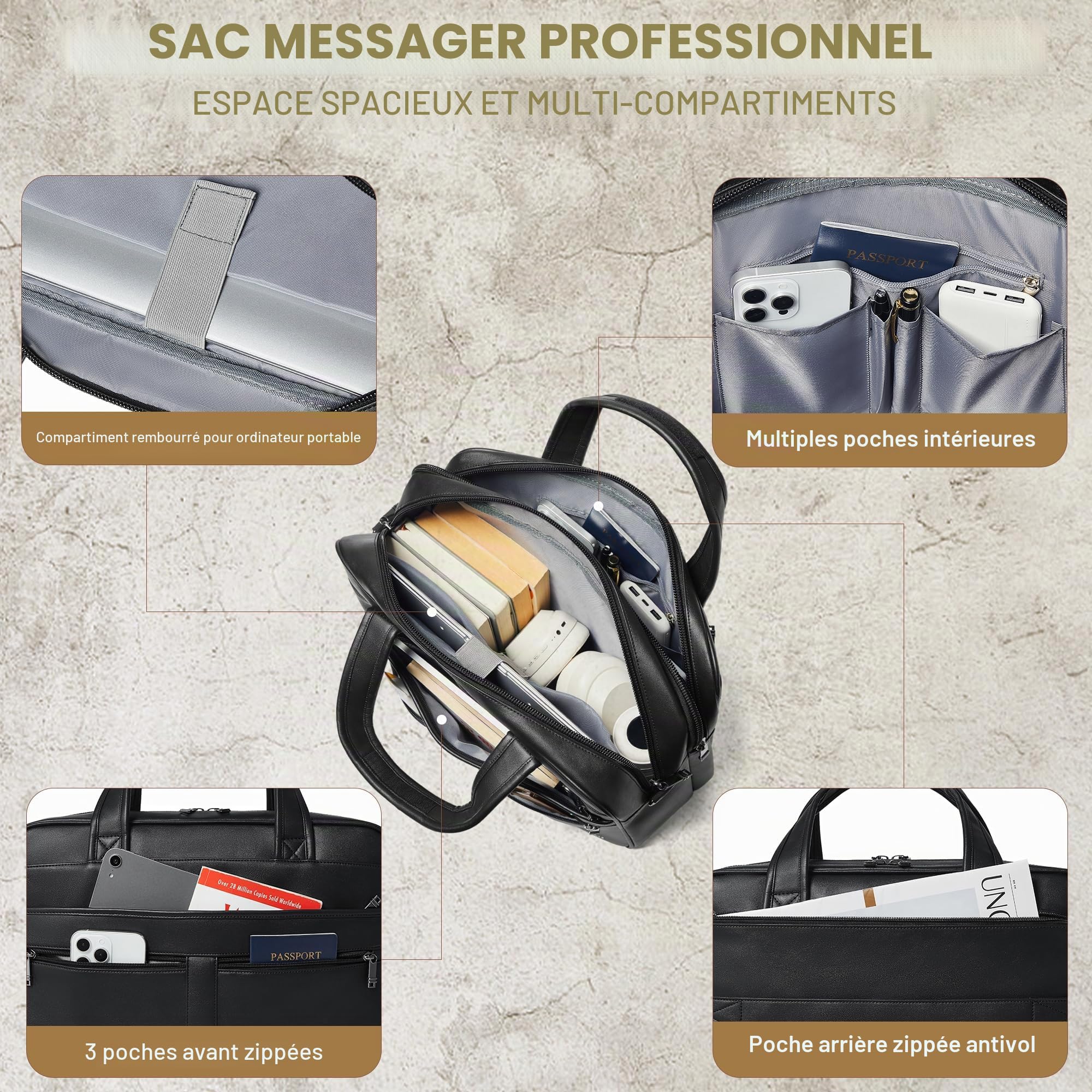 Shrrie Sac à messager en cuir pour homme et femme, sac pour ordinateur portable de 16 pouces, mallette rétro en cuir résistant à l'eau pour homme d'affaires travail