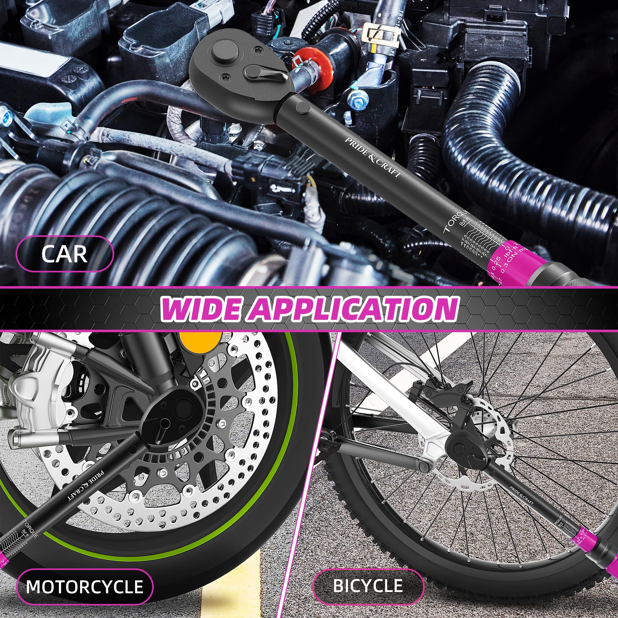 PRIDE&CRAFT Chiave dinamometrica a scatto da 3/8", 3% ad alta precisione regolabile, doppia direzione, 72 denti, 5-50 lbf.ft/6,8-68 Nm, per riparazione di biciclette, moto e auto, rosa nero