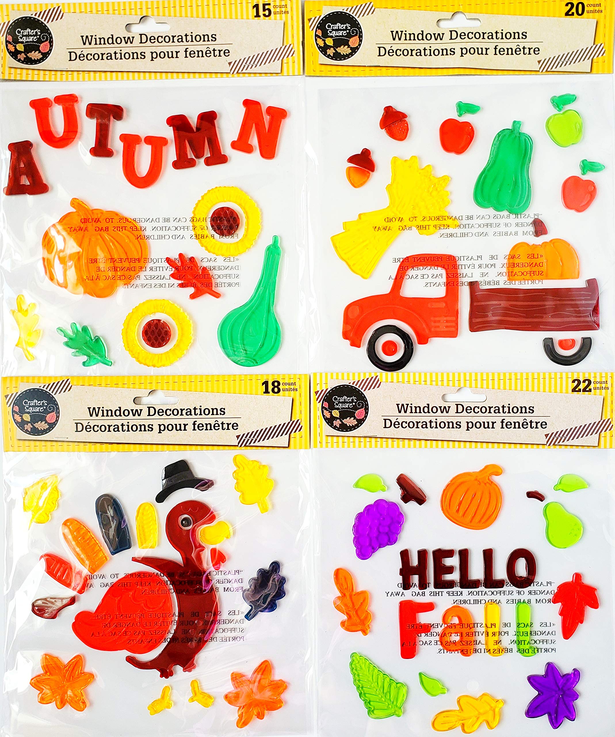 Paquete de 4 hojas de gel para ventana de Acción de Gracias, incluye (1) hoja cada una: pavo, Hello Fall, camión rojo y cosecha de otoño Paquete de 4 hojas de gel para ventana de Acción de Gracias, incluye (1) hoja cada una: pavo, Hello Fall, camión rojo y cosecha de otoño
