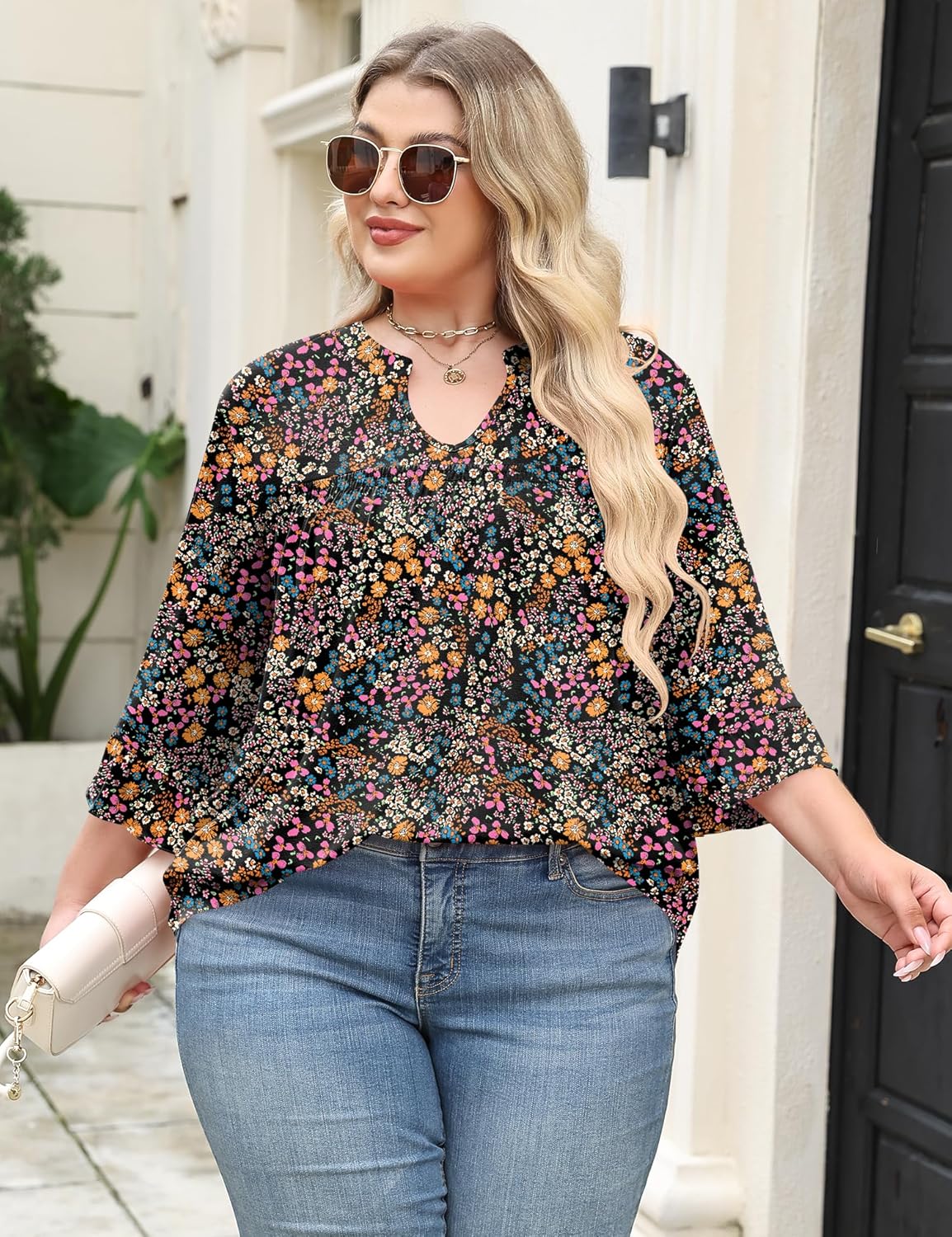 TFSDOD Plus Size Tops for Women V Neck 3/4 Sleeve Pleated Blouses Dressy Casual Fashion Tunic Top (1X-5X) - Image 5