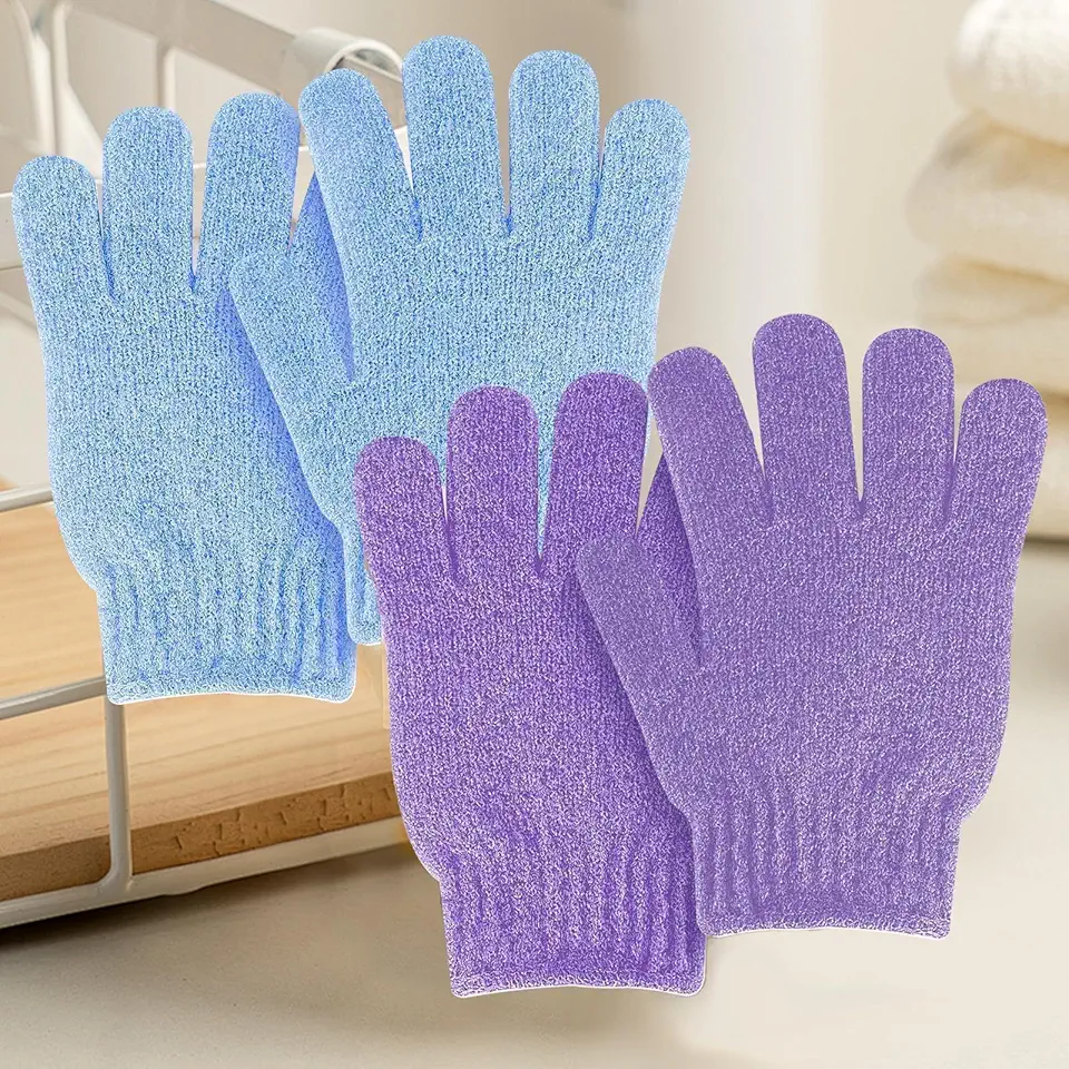 4 luvas esfoliantes de lavagem, esponjas de banho, luvas de banho de textura dupla para esfoliação corporal de chuveiro, limpeza profunda remove a pele morta para mulheres e homens (azul + roxo)