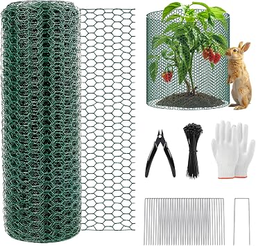 40Ft x 16In Plant Protectors from Animals, Plant Cages for Outdoor Plants, Free-Cut Wire Plant Protector, Plant Cover Chicken Wire Fencing with Ground Stakes & Ties to Keeping Bunny Animals Out