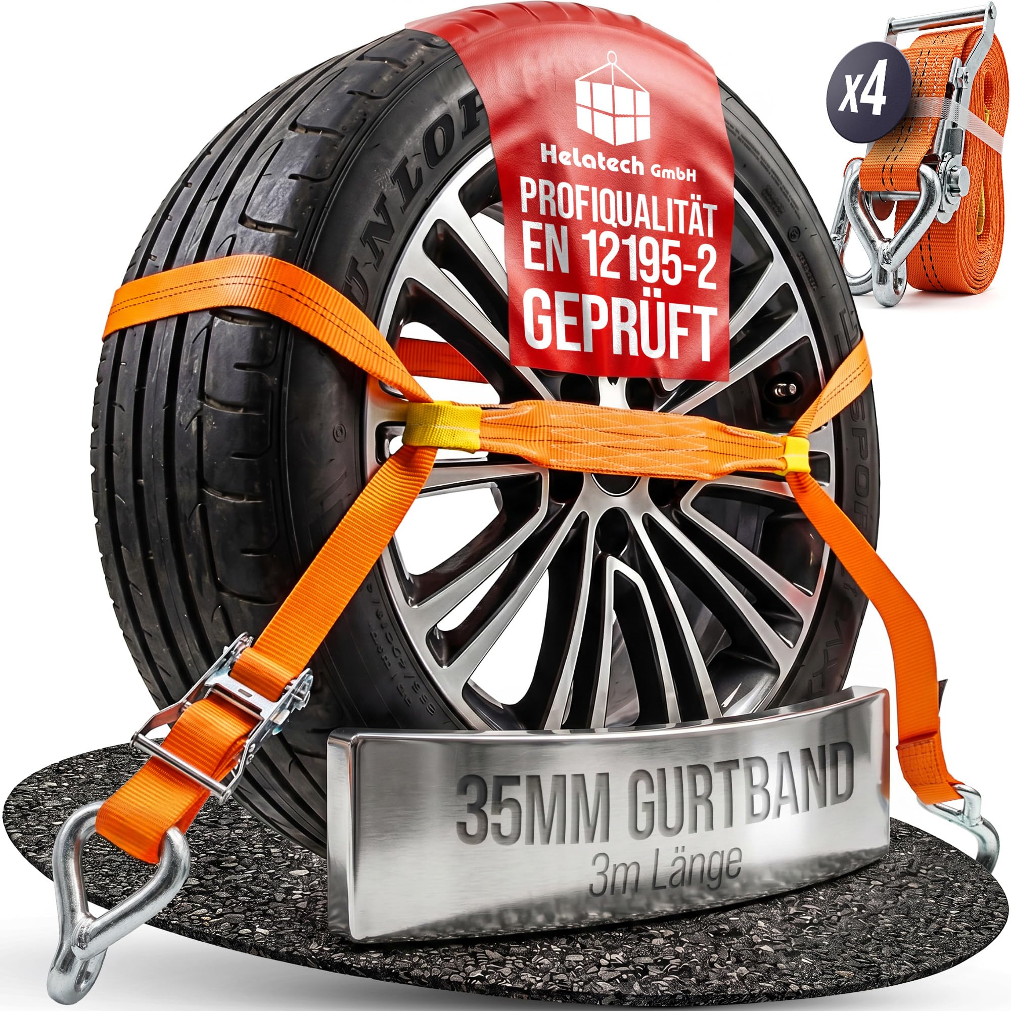 SHZ Spanngurte Autotransport mit Ratsche 4 Stück | 3mx35mm 1000 daN (4x21) | Spanngurt Ratschengurt zur Radsicherung mit stabilen Spitzhaken | Reifengurt für PKW und KFZ auf Anhänger und Trailer