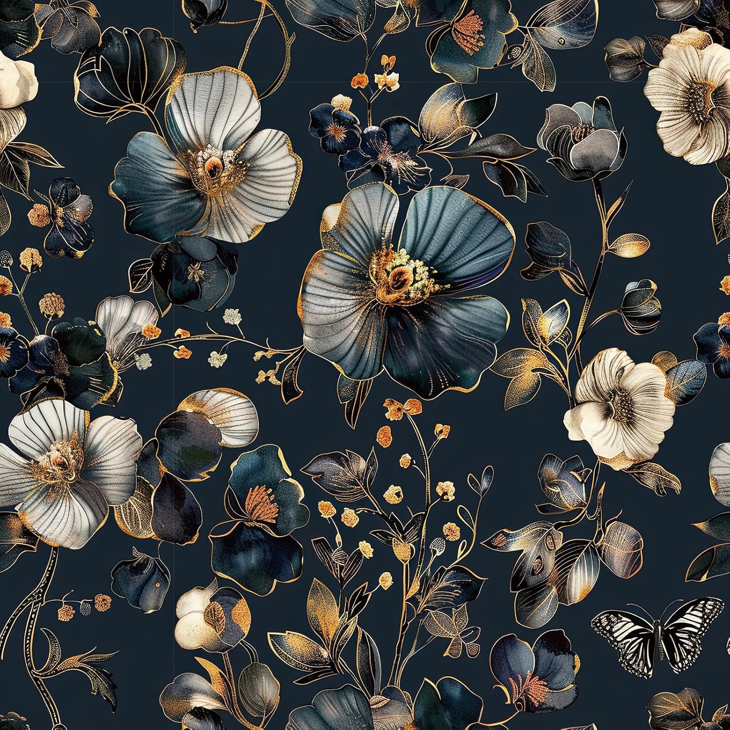 Livelynine 17.5x591 Navy Blue Flower Peel and Stick Wallpaper Vintage Dark Blue and Gold Floral Wallpaper Prepasted Elegant Modern Unique Metallic Gold Accents Kitchen Cabinet Contact Paper Drawer