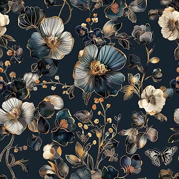 Livelynine Blue and Gold Wallpaper Peel and Stick Navy Blue Floral Wall Paper Modern Vinyl Wall Art 17.5x78.8 Deep Dark Blue Gold White Dainty Vintage Floral Contact Paper for Cabinets Walls Removable
