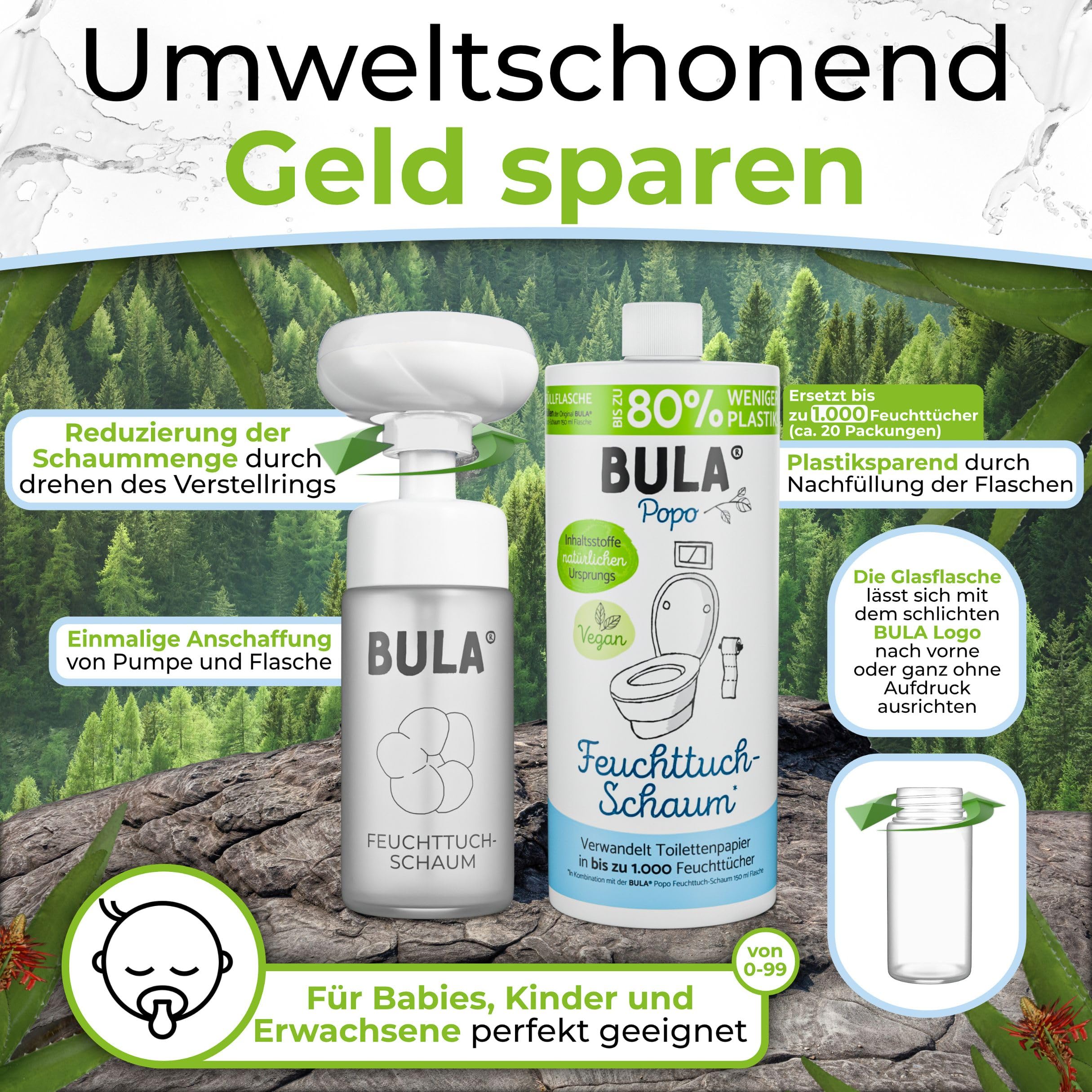 BULA® Popo - Juego de botellas de cristal ecológicas con diseño de botella de cristal (vacía) + botella de recambio + bomba de espuma de flores con soporte | alternativa sostenible para toallitas
