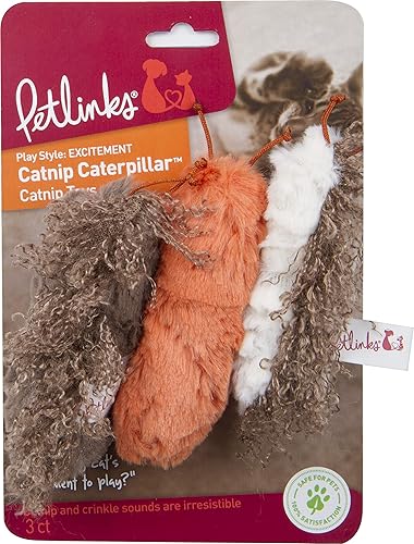 Petlinks (3 unidades) Catnip Catterpillar Crinkle - Juguetes de peluche para gatos, multicolor, 3 unidades