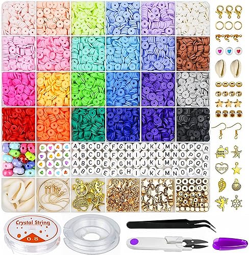 Kit de pulsera de cuentas de arcilla de 6000 piezas, 24 colores, planos, redondos, espaciadores de polímero, fabricación de joyas, incluye dijes