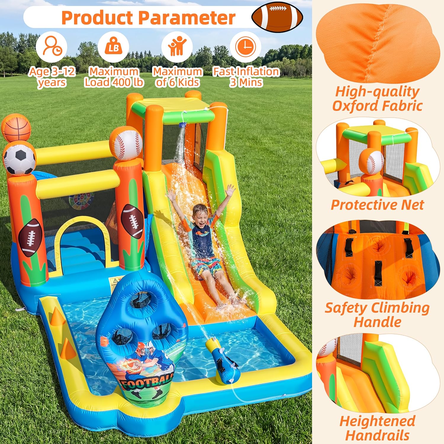 TOAOB Inflatable Water Slide for Kids 3-12: Blow Up Bounce House Backyard Water Park with 480W Blower- 9 in 1 Football-Themed for Outdoor Birthday Party