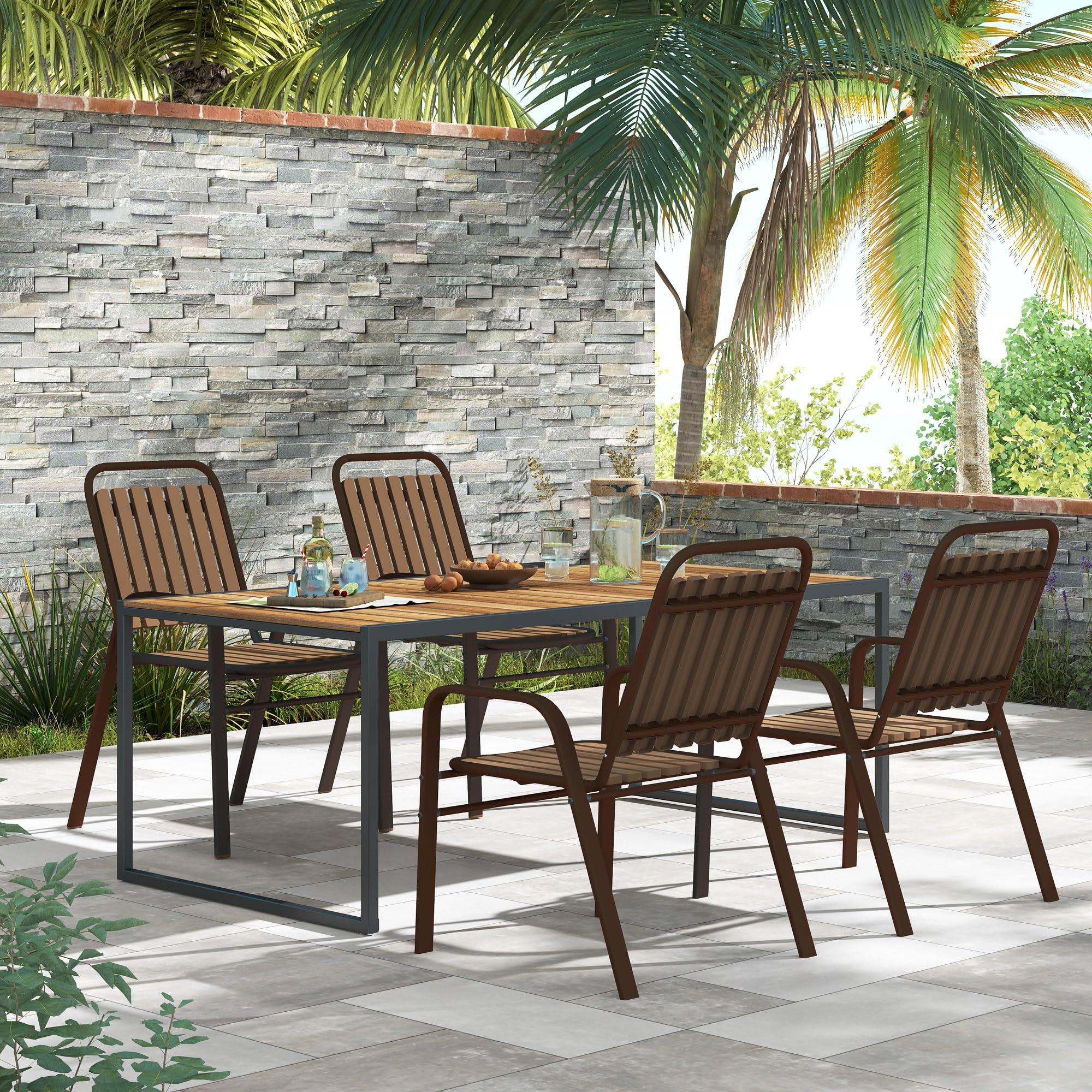 Outsunny Set 4 Sedie da Giardino Impilabili con Schienale Alto e Braccioli, Sedie da Esterno in Plastica PP e Acciaio, da Patio, Balcone, Terrazza, Esterno e Interno, 56x66x91 cm, Marrone Scuro