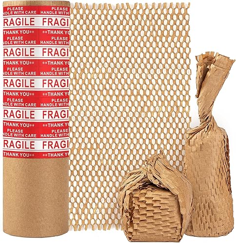 Goefun - Rollo de papel de embalaje de panal de 15 x 230 pies, suministros de mudanza reciclables con 30 etiquetas adhesivas frágiles, suministros