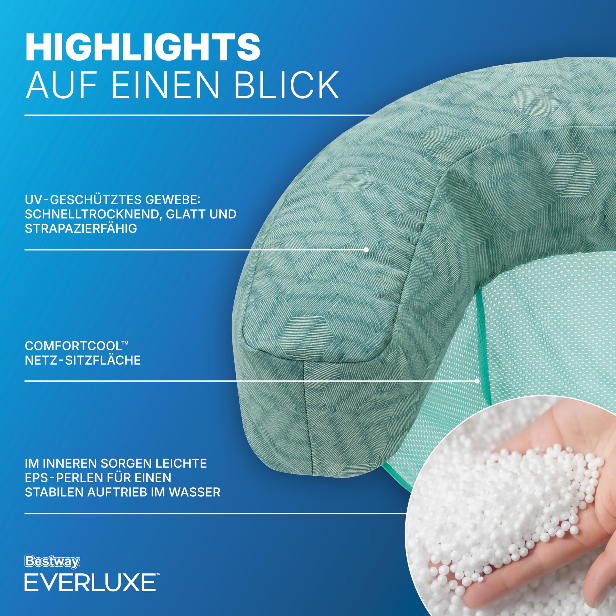 Bestway Everluxe Poolsitz 92x66x20 cm mit Textiloberfläche, EPS-Perlen-Füllung, ComfortCool Netz-Liegefläche, schnell trocknend, UV-beständig, bis 100 kg