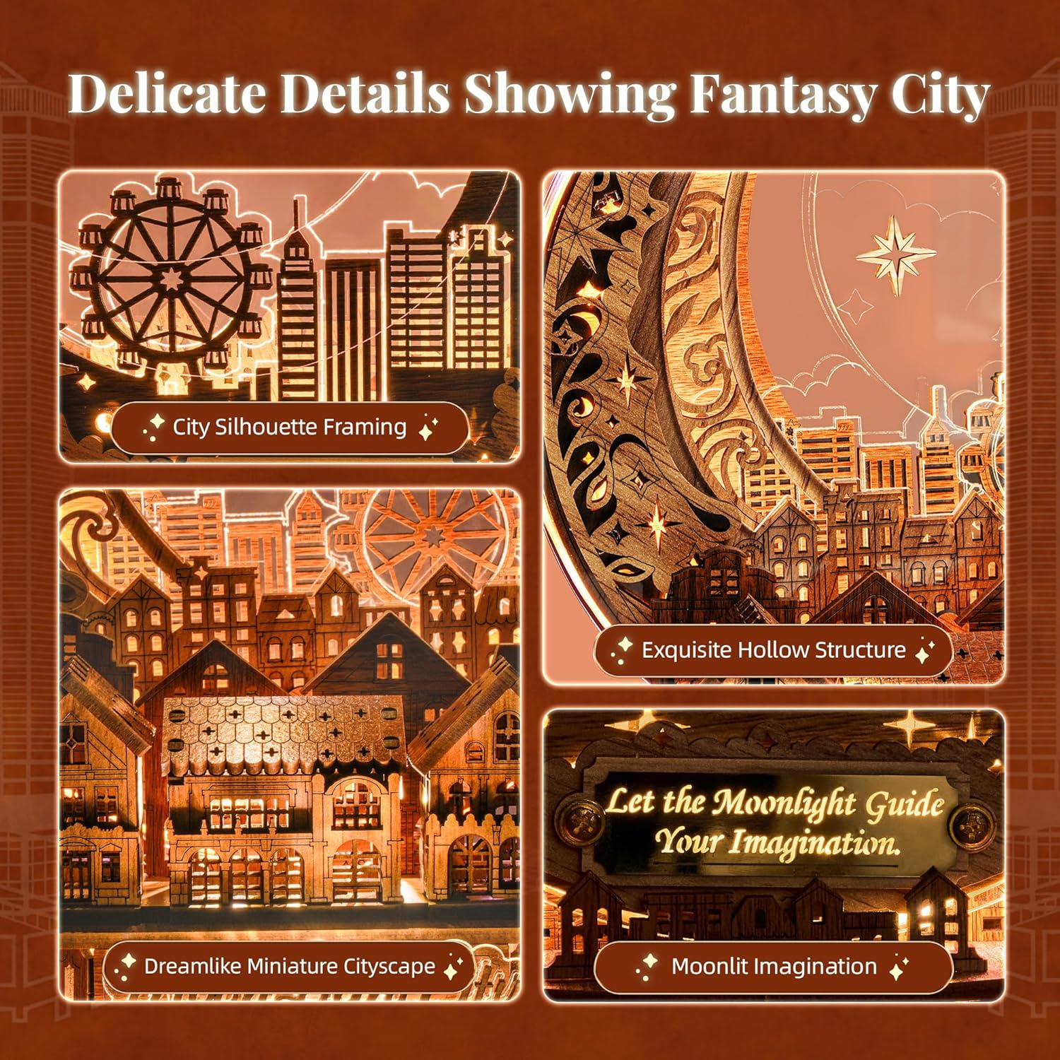 3D DIY Puzzle Moon City Model - LED 3D Wood Puzzle - 3D Wooden Puzzles for Adults Home Décor Gifts for Kids and Adults, Brown