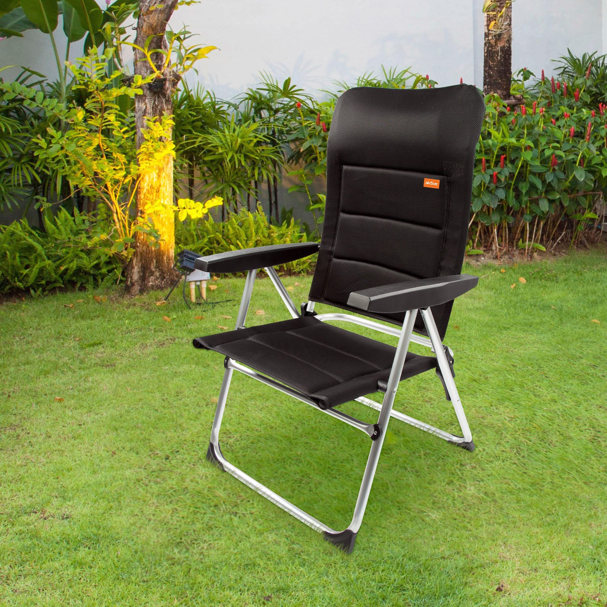 AKTIVE Sedia pieghevole imbottita di alta qualità, Nero, Per terrazza, balcone, patio o giardino, Misure 49x59x105 cm, Materiale alluminio e 100% poliestere, Antiribaltamento