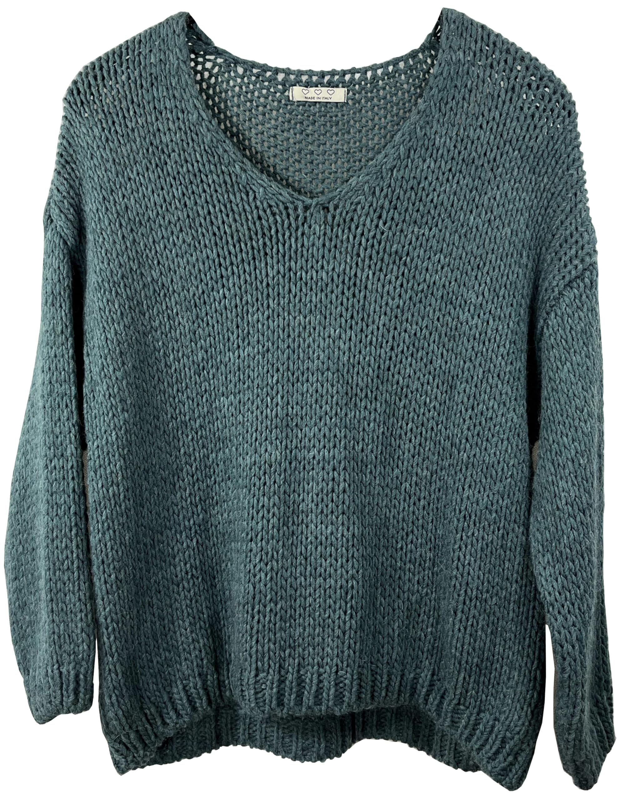 Damen Pullover Grobstrick Oversize Over Shoulder Pulli V-Ausschnitt Wolle/Alpaka - Mischung, Made in Italy