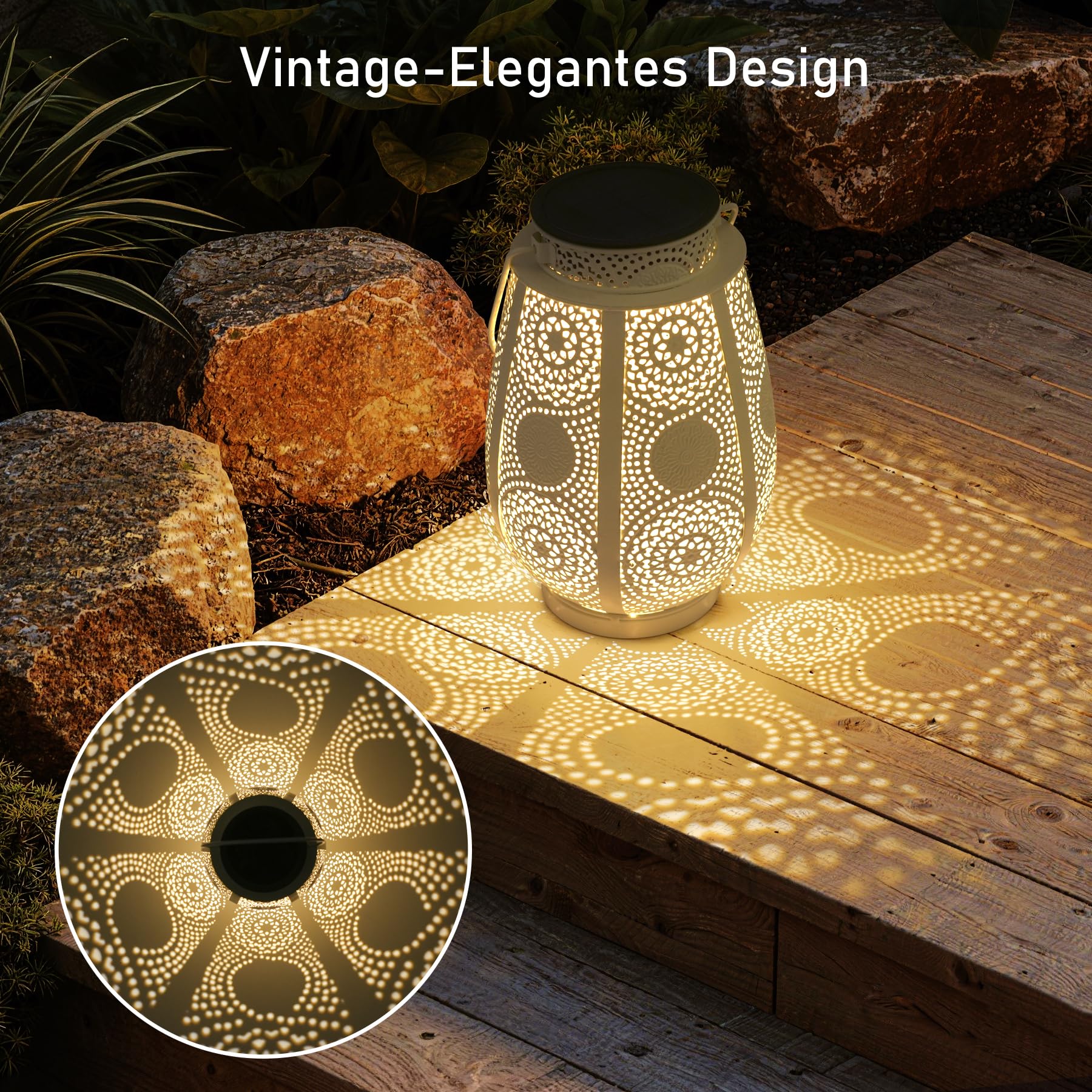 2 Stück Solarlampen für Außen Garten Vintage, IP65 Wetterfest Solarlaterne für Außen Hängend Metal, Rostfrei Solar Laternen mit Haken für Aussen Terrasse Veranda, Geschenk für Frauen Mama Oma(Weiß)