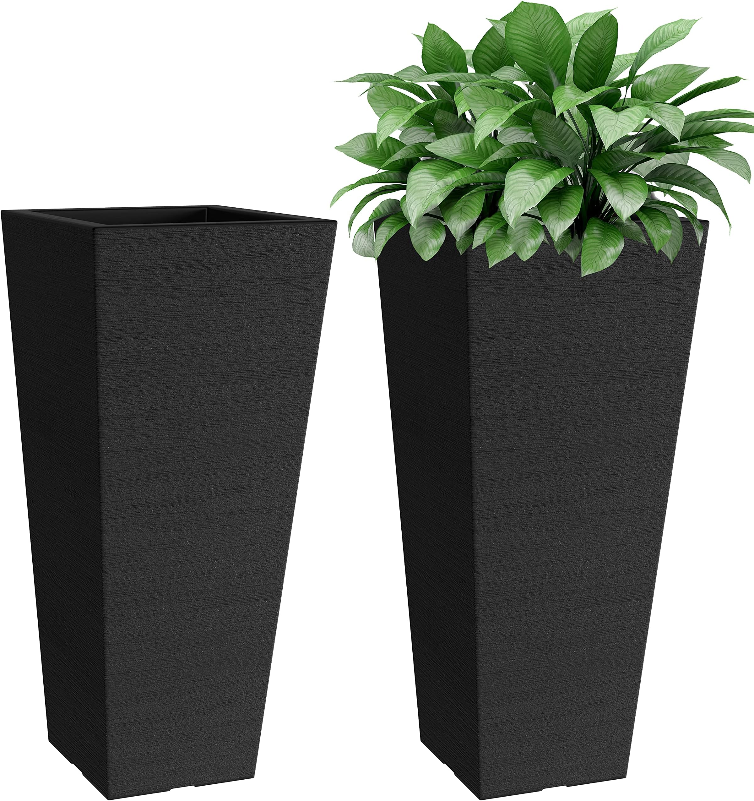 Verel Set of 2 Tall Outdoor Planters - 24 Inch Large with Small Planting Pots – Indoor and Outdoor Rectangular Flower Pots for Front Door, Patio and Deck (Black)