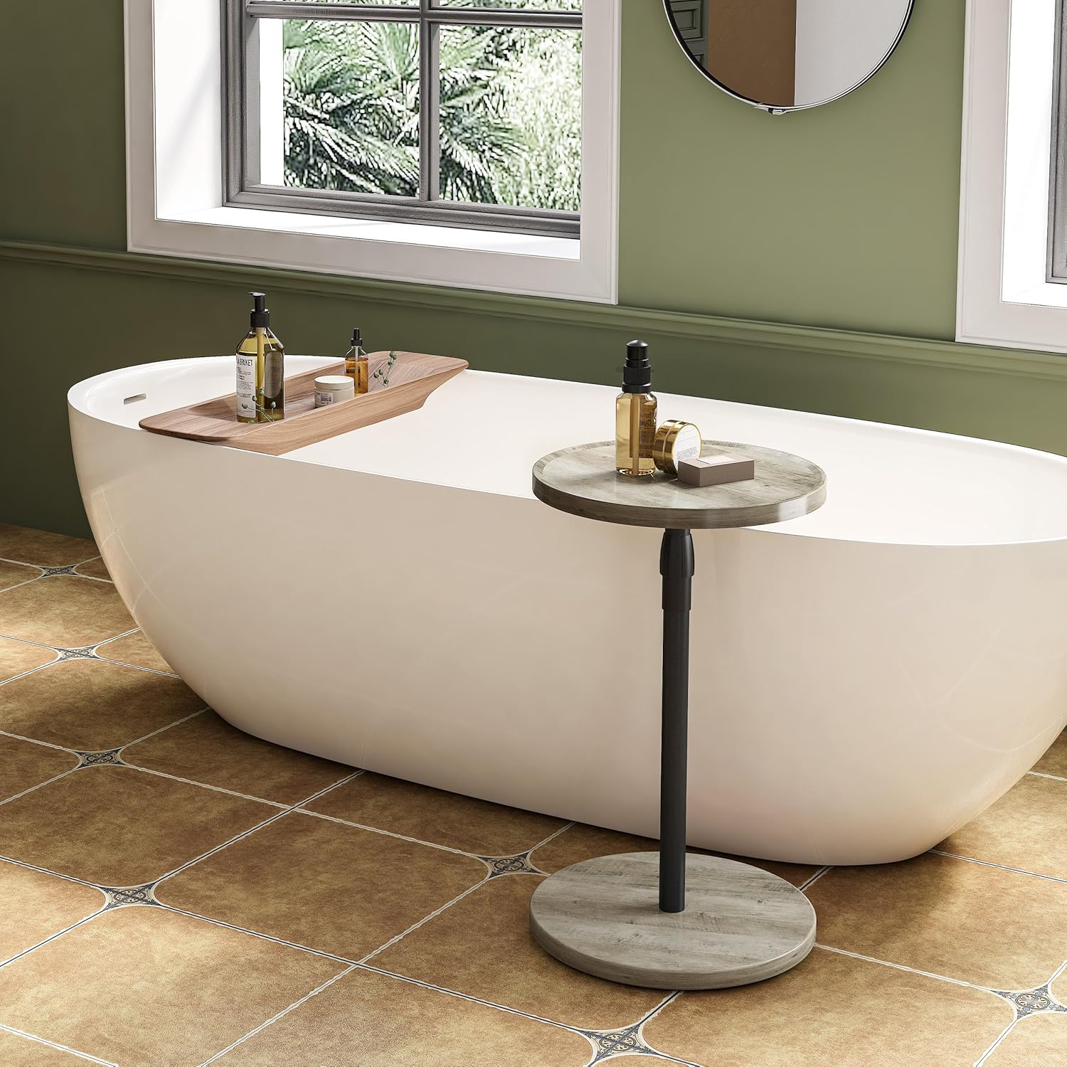 Adjustable End Table, Small Round Side Table, Drink Table for Small Spaces, Pedestal Nightstand for Living Room, Bedroom, Sofa Couch, Oak ET-010QK