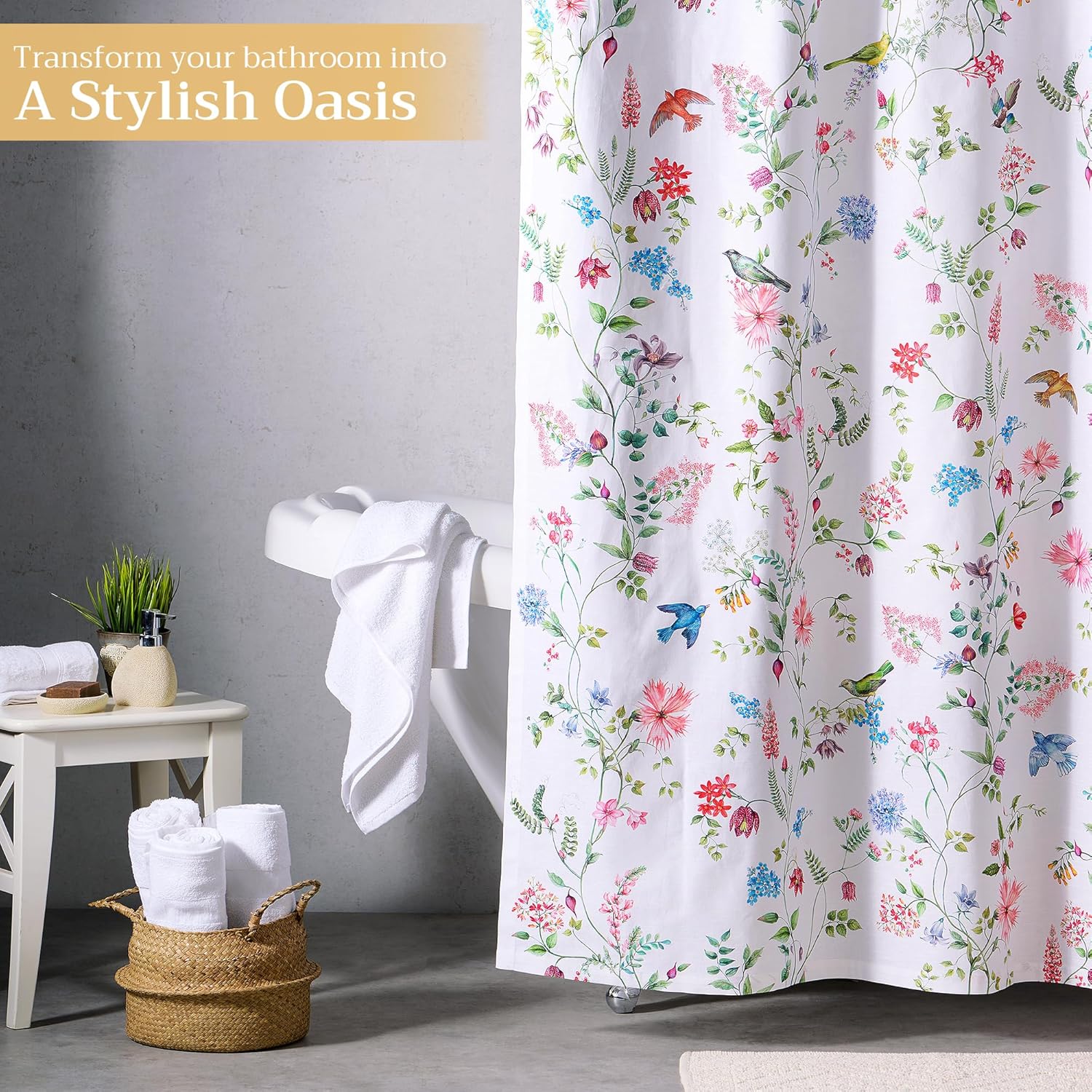 Maison d' Hermine Shower Curtain 100% Cotton One Panel 70"x72" Washable Fabric Shower Curtains for Bathroom, Easy Hanging with 12 Button Holes -Home Hotel Spa Gifts for Mothers Day(Neo Ipomee - Multi)