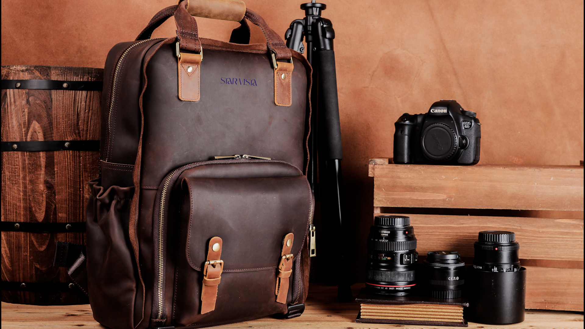 STAR VISTA Bernini Vintage Full Grain Leather Camera Backpack for DSLR/SLR, Camera Case for Photographers, with Tripod Holder, Fits 15.6