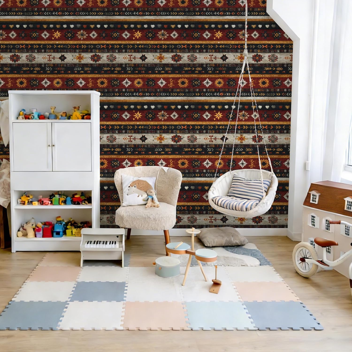 Peel and Stick Wallpaper - Southwest Tribal Geometric with Rug Texture, Removable Ethnic Mural for Living Room & Bedroom, 17.7x118 Inch