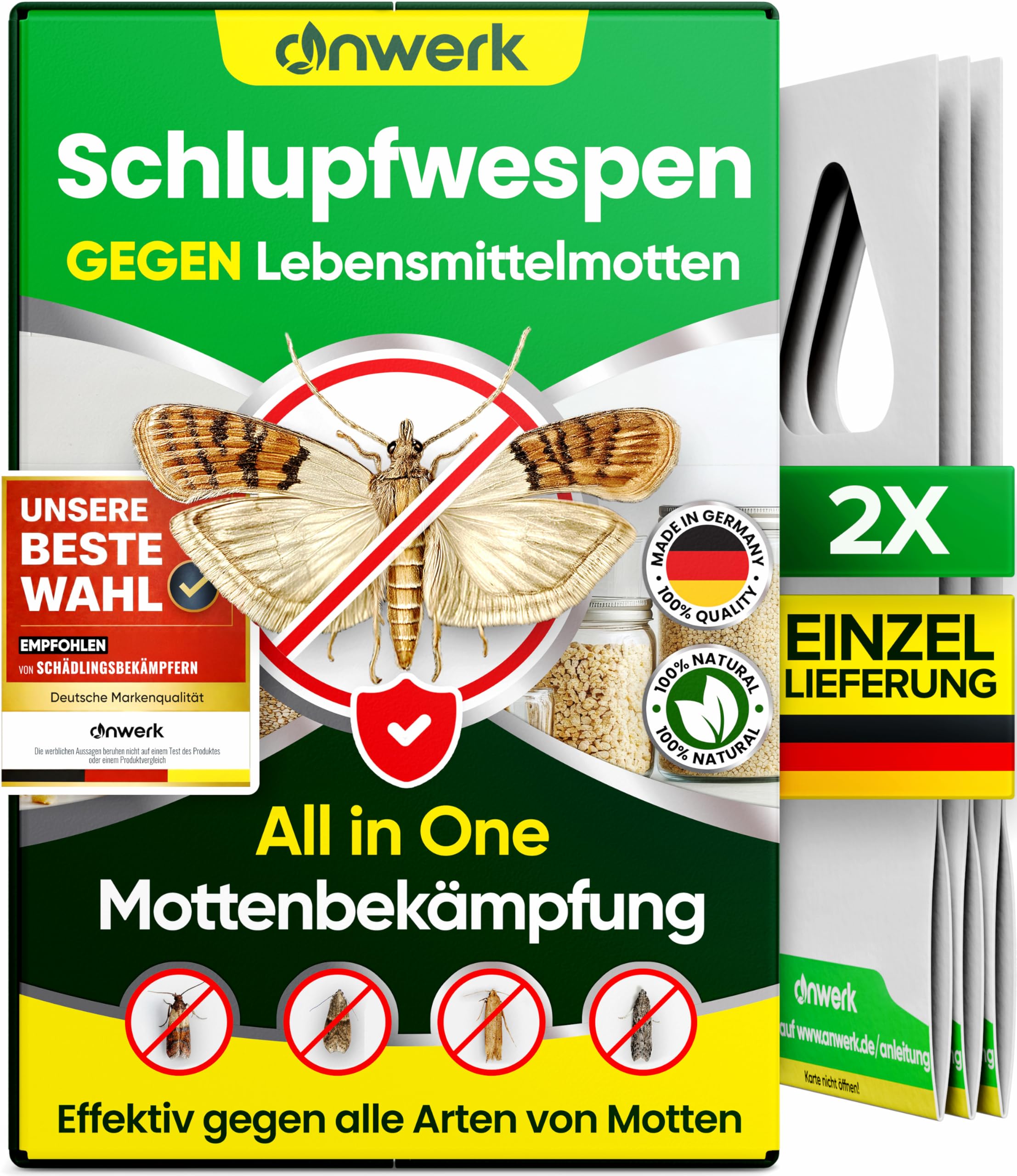 anwerk® Schlupfwespen gegen Lebensmittelmotten - 2 Karten à 1 Lieferung - Effektiv Lebensmittel Motten bekämpfen - Alternative zur Mottenfalle, Mottenspray, Pheromonfalle (2X Karten à 1 Lieferung)