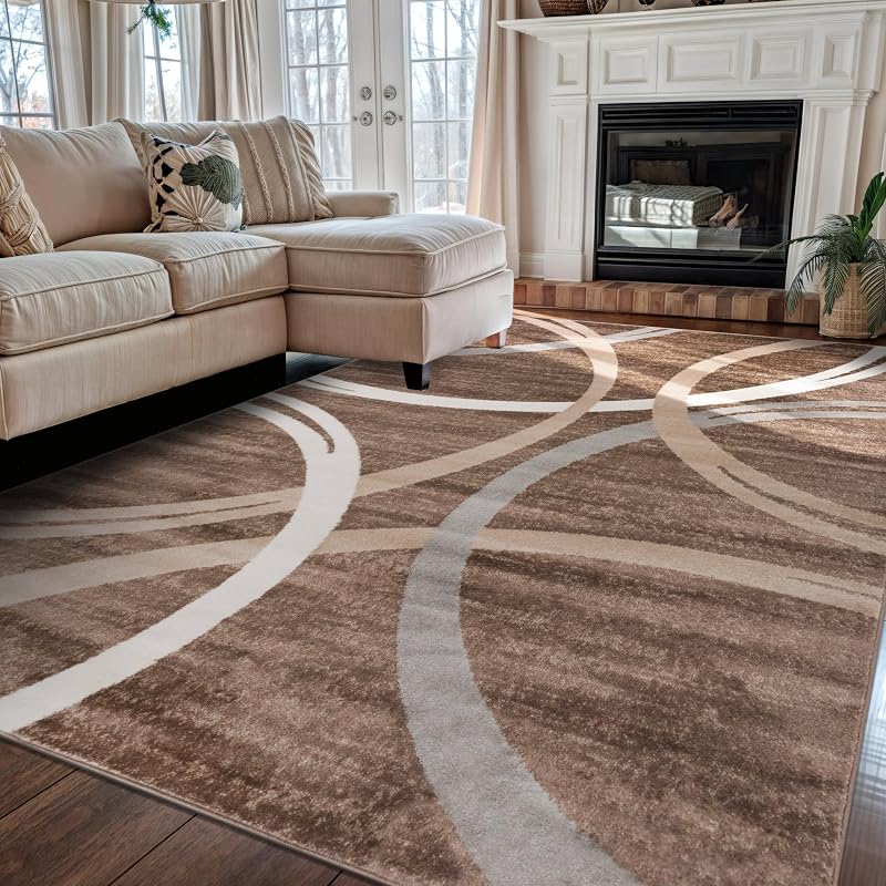 Rugshop Wavy Circles Modern Fade-Resistant Area Rug Brown 5'3" x 7'3" | Rectangular, Size 5'3" x 7'3", Living Room, Bedroom, Dining Room, Home Office, Kitchen, Entryway, Hallway, Nursery, Kids Room
