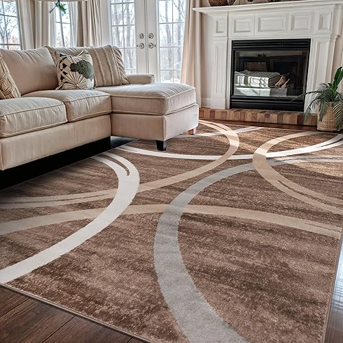 Rugshop Modern Wavy Circles Design Area Rug, Fade-Resistant Carpet for Living Room, Bedroom, or Office, Brown, 5'3" x 7'3"