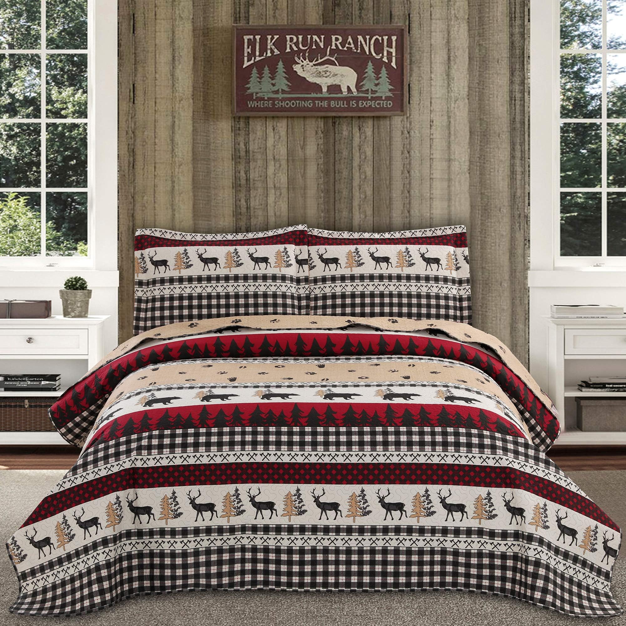 Rustic Quilt Bedding Set King Size Lodge Country Quilt Lightweight Home Bedspread Cabin Black White Plaid Quilt Coverlet Bed Set Forest Moose Bear Print Bedding Plaid Bedspreads Reversible Bedding