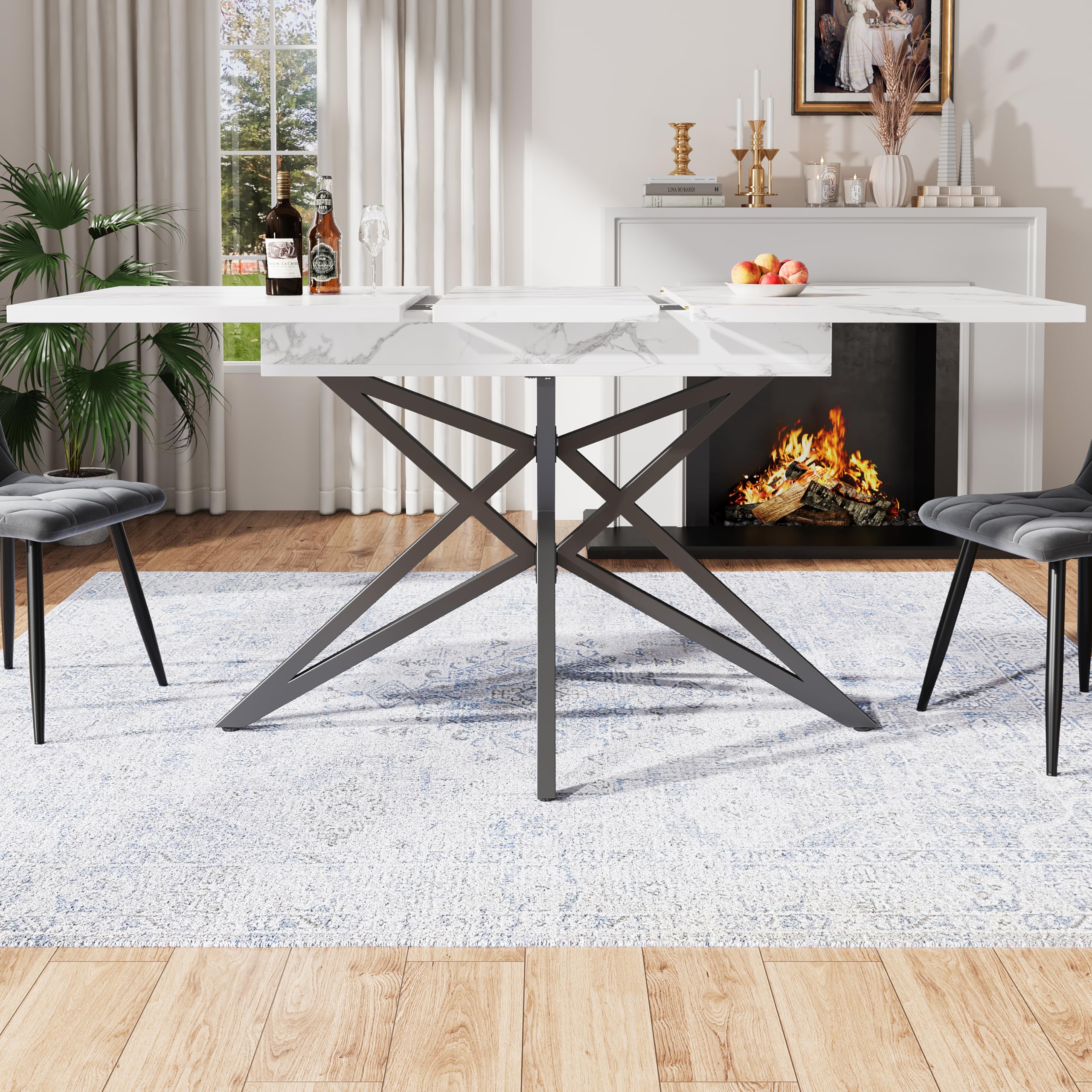 Bladez Tavolo da pranzo allungabile per 6-8 persone, lunghezza 120-160 cm x 80 cm, moderno tavolo da cucina, gambe a forma di stella in ferro, piano in legno con motivo marmo, rettangolare (bianco)