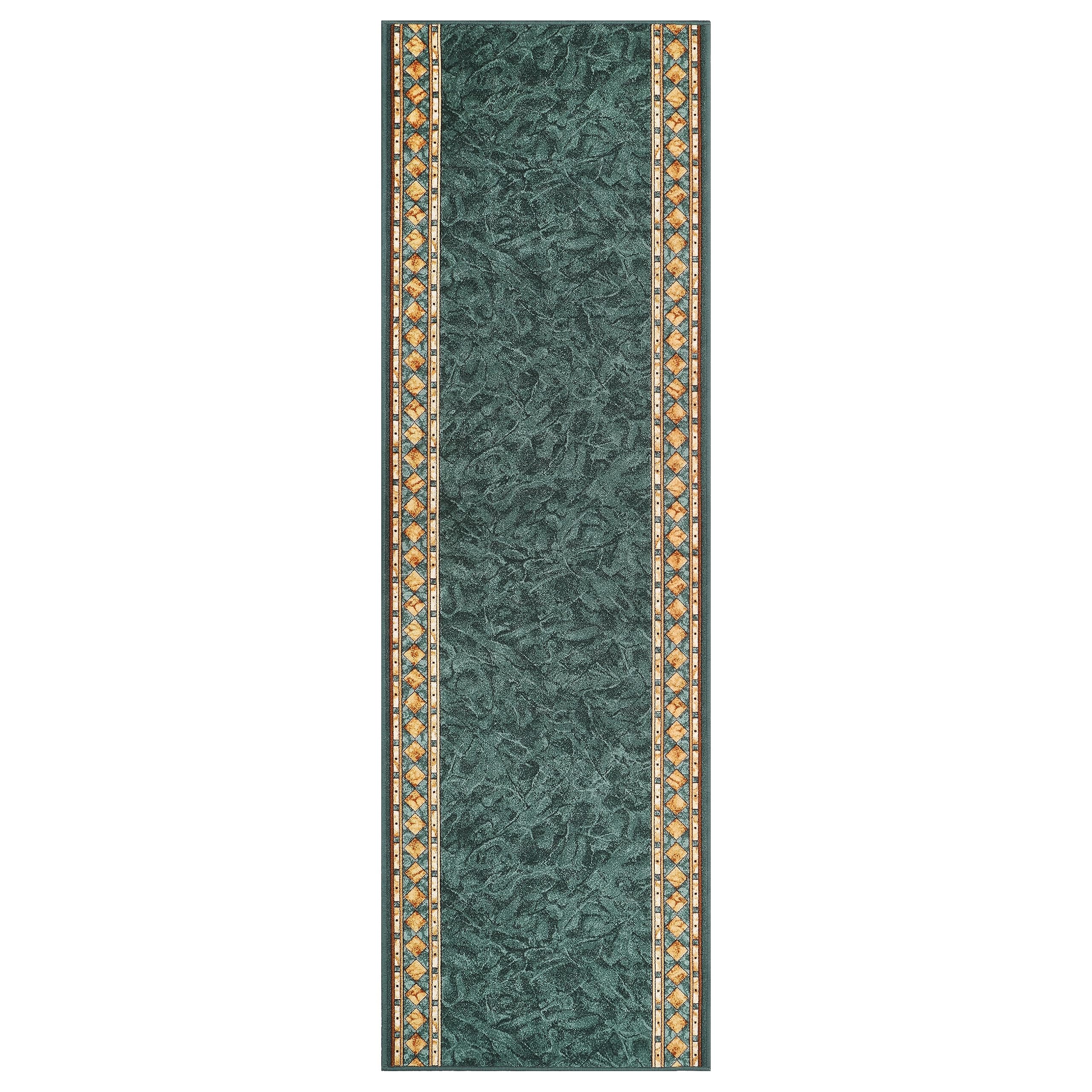 TAPISO Antidérapant Tapis Couloir Long Tapis au Mètre Tapis de Passage Poils Ras Tapis Entrée Cuisine Évier Chambre Escaliers Moderne Vert Marron Géométrique Bordé 67 x 300 cm