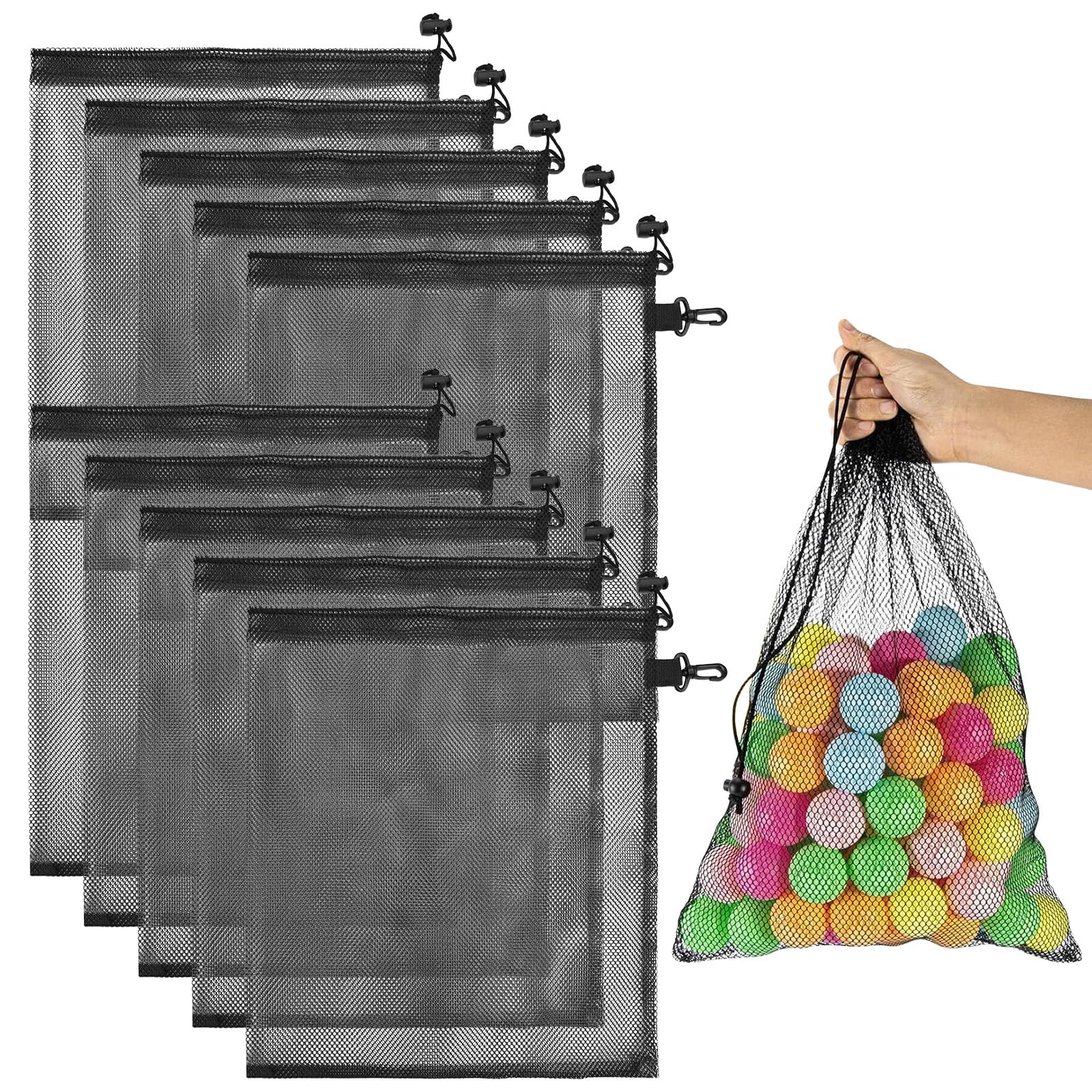 12PCS Sacs en Maille avec Cordon de Serrage - 40 x 35 cm - Filet de Rangement Sac en Maille en Polyester Réutilisable Sac à Cordon de Serrage Sacs en Mailles Noir pour Jouets Sport Rangement