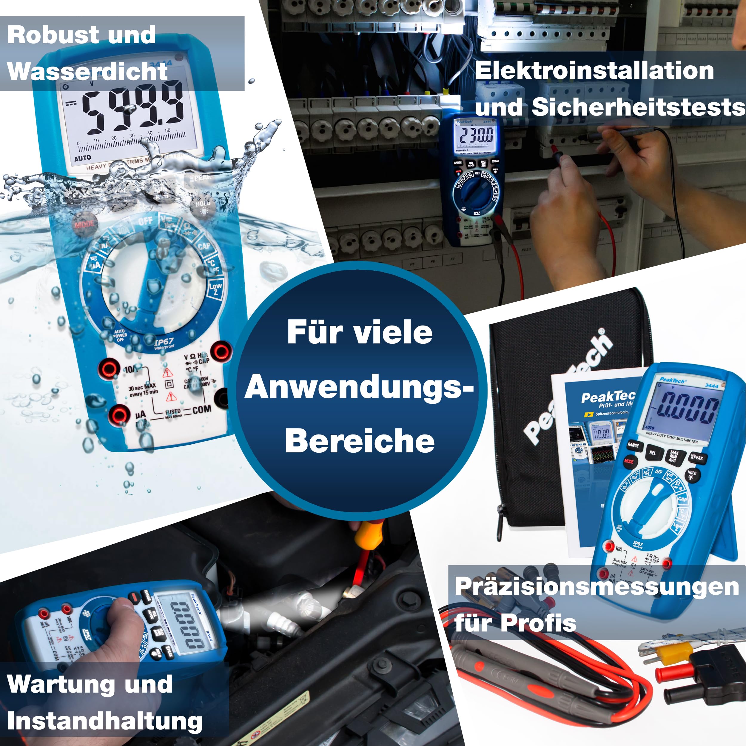 PeakTech P 3444 True RMS Multimeter Digital - (IP67) Wasserdichter Spannungsprüfer & Strommessgerät - 6000 Counts - Extrem Robustes Gehäuse mit LED-Lampe - Durchgangsprüfer, Messgerät - CAT III 1000 V
