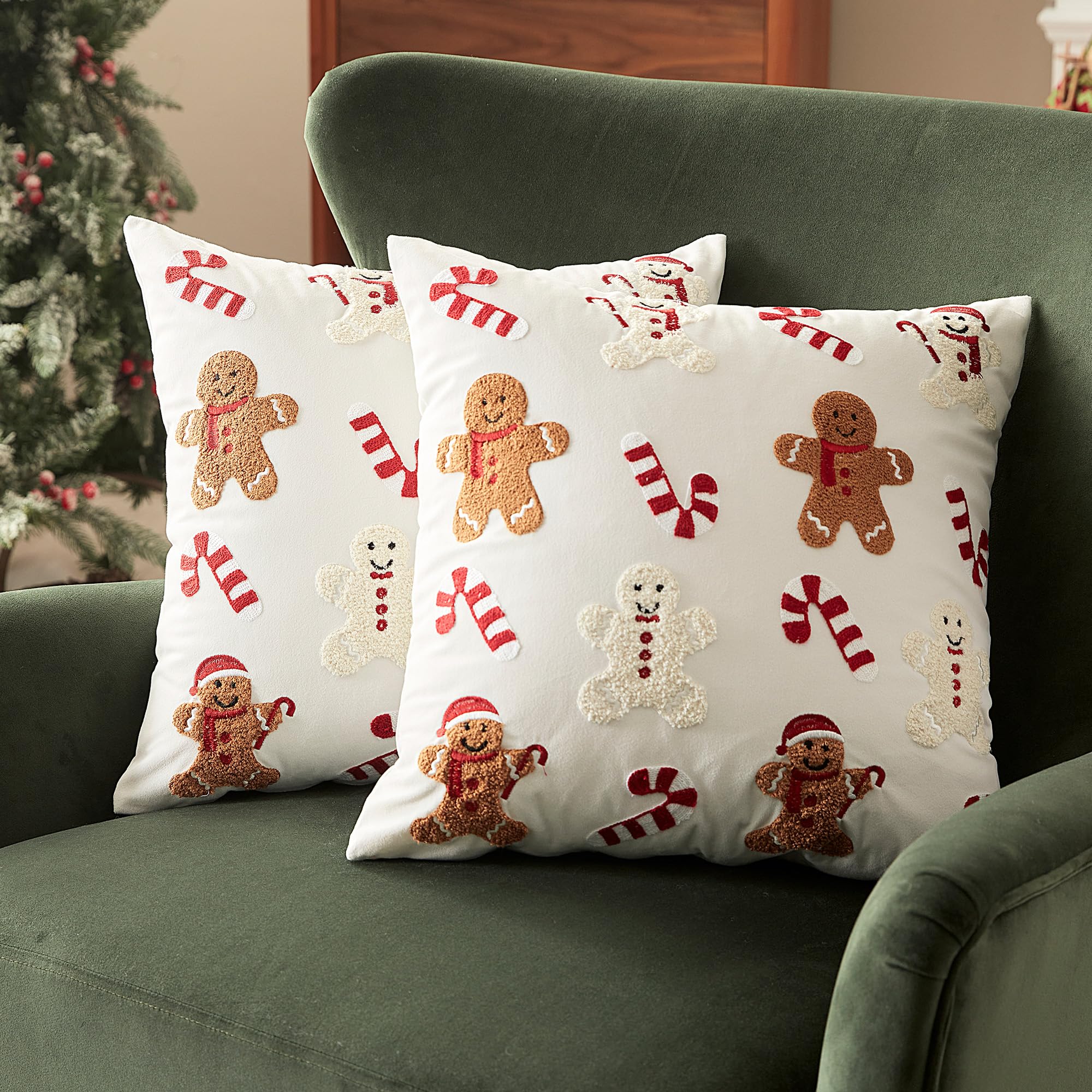 Sonvie Christmas Cushion Covers Set Of 2 with Gingerbread & Candy Cane Decor, Soft Decorative Square Throw Pillow Cover 45x45cm (18x18 in), Pillows Cases for Bedroom Sofa Couch Decorations